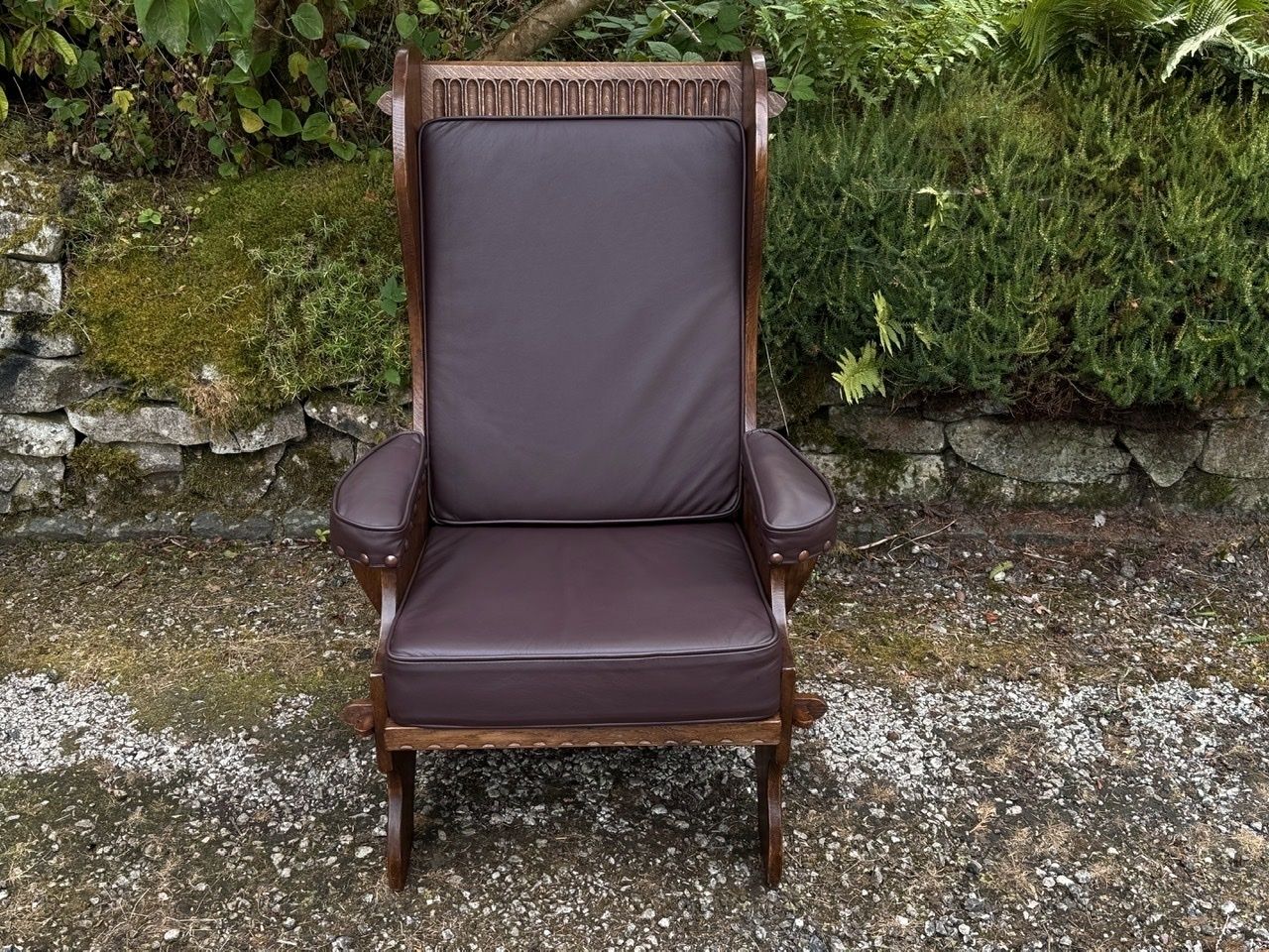 photo furniture A Nigel Rupert Griffiths Monastic Carved Oak Leather Fireside Chair / Armchair