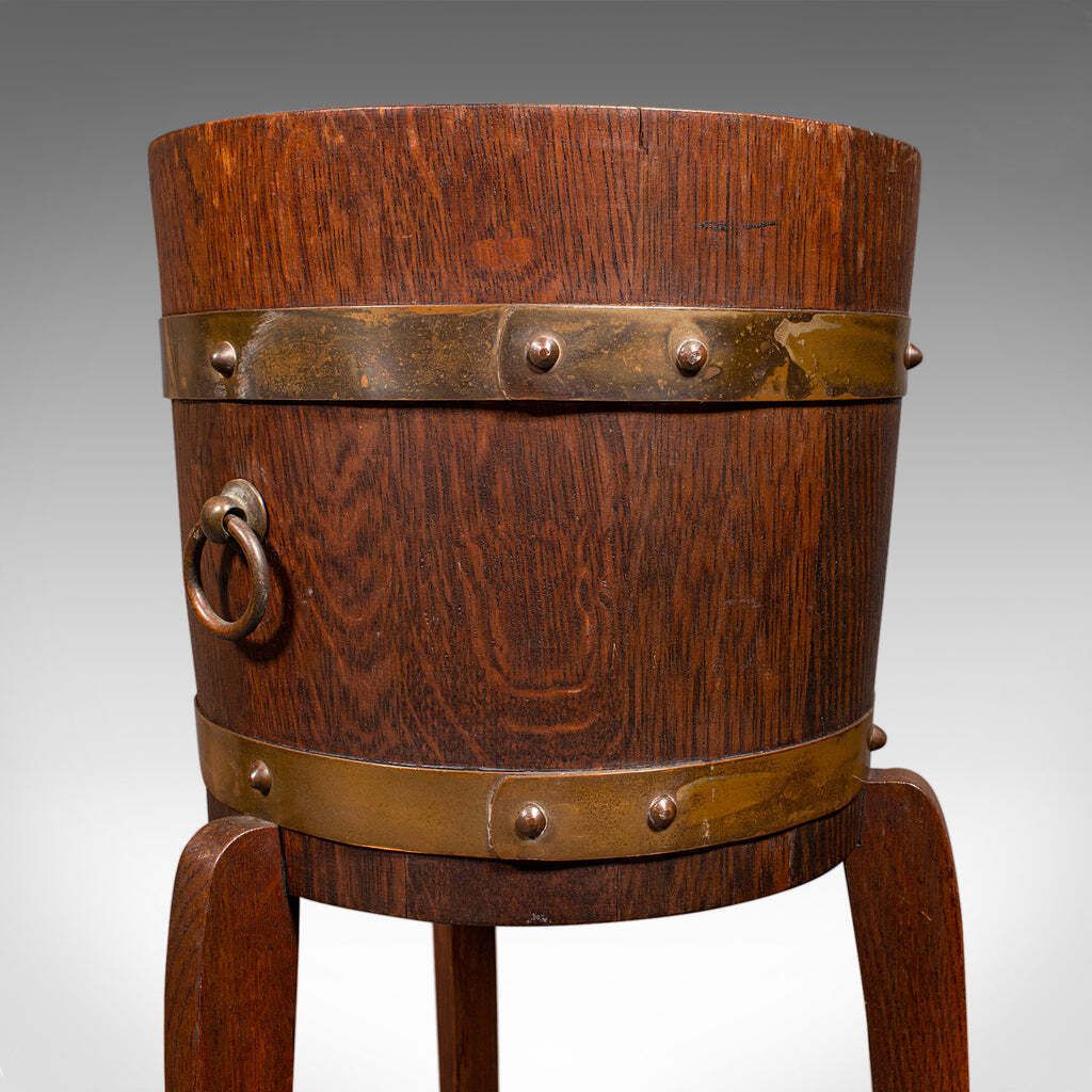 Antique Decorative Jardiniere Stand, English, Coopered Oak, Planter, Circa 1920 photo vintage