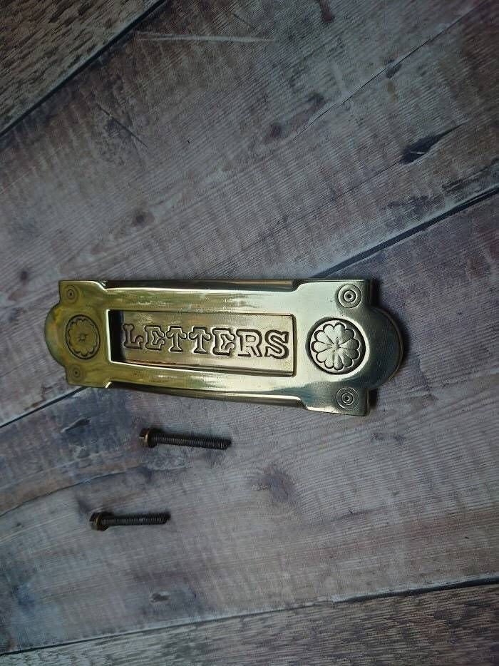 Small Stunning Gothic Polished Brass Door Mail Slot photo for sale
