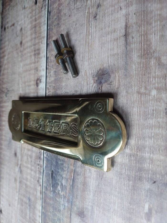 Small Stunning Gothic Polished Brass Door Mail Slot photo vintage