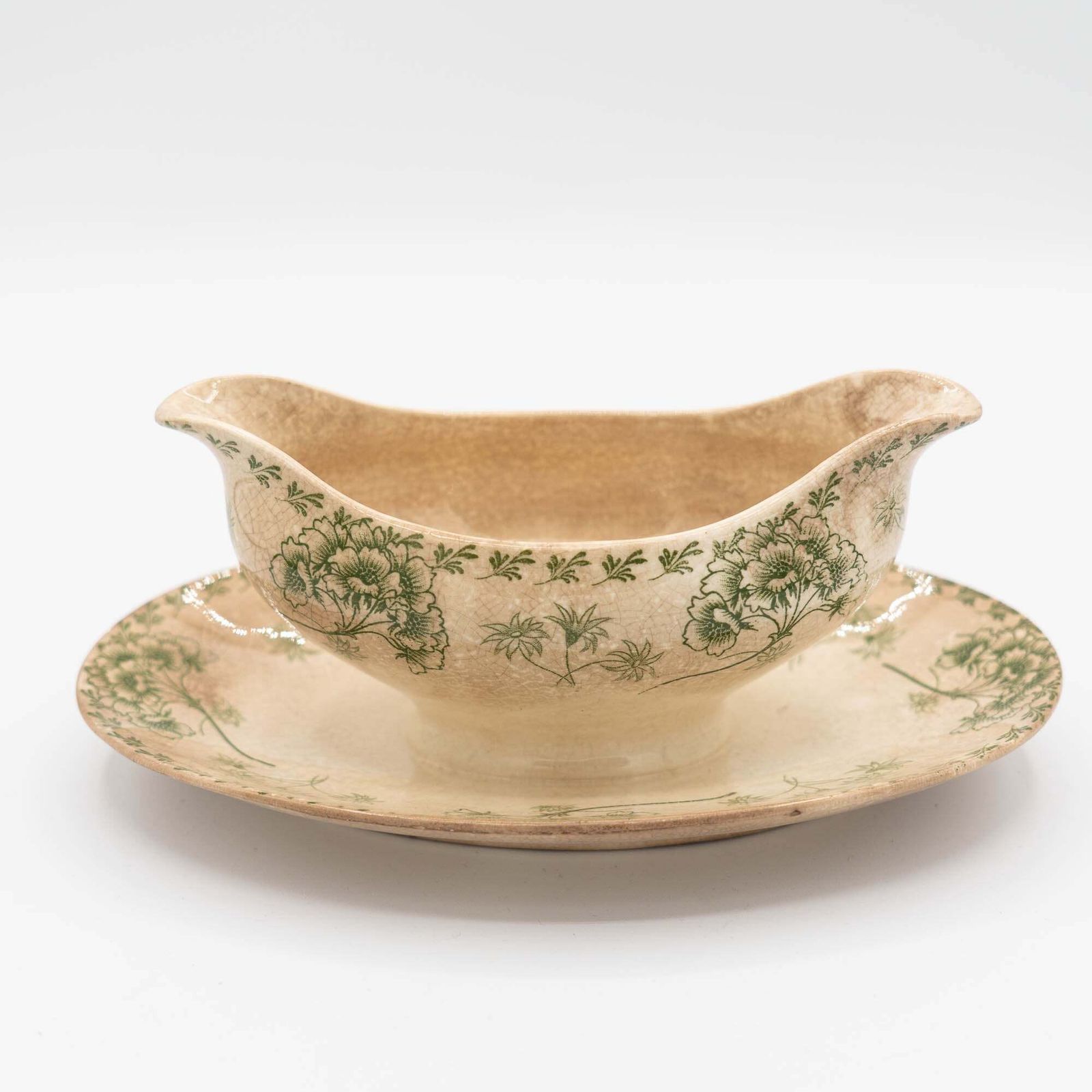 Antique Green Flowery Gravy Boat With Crazing   Sarreguemines   1900s