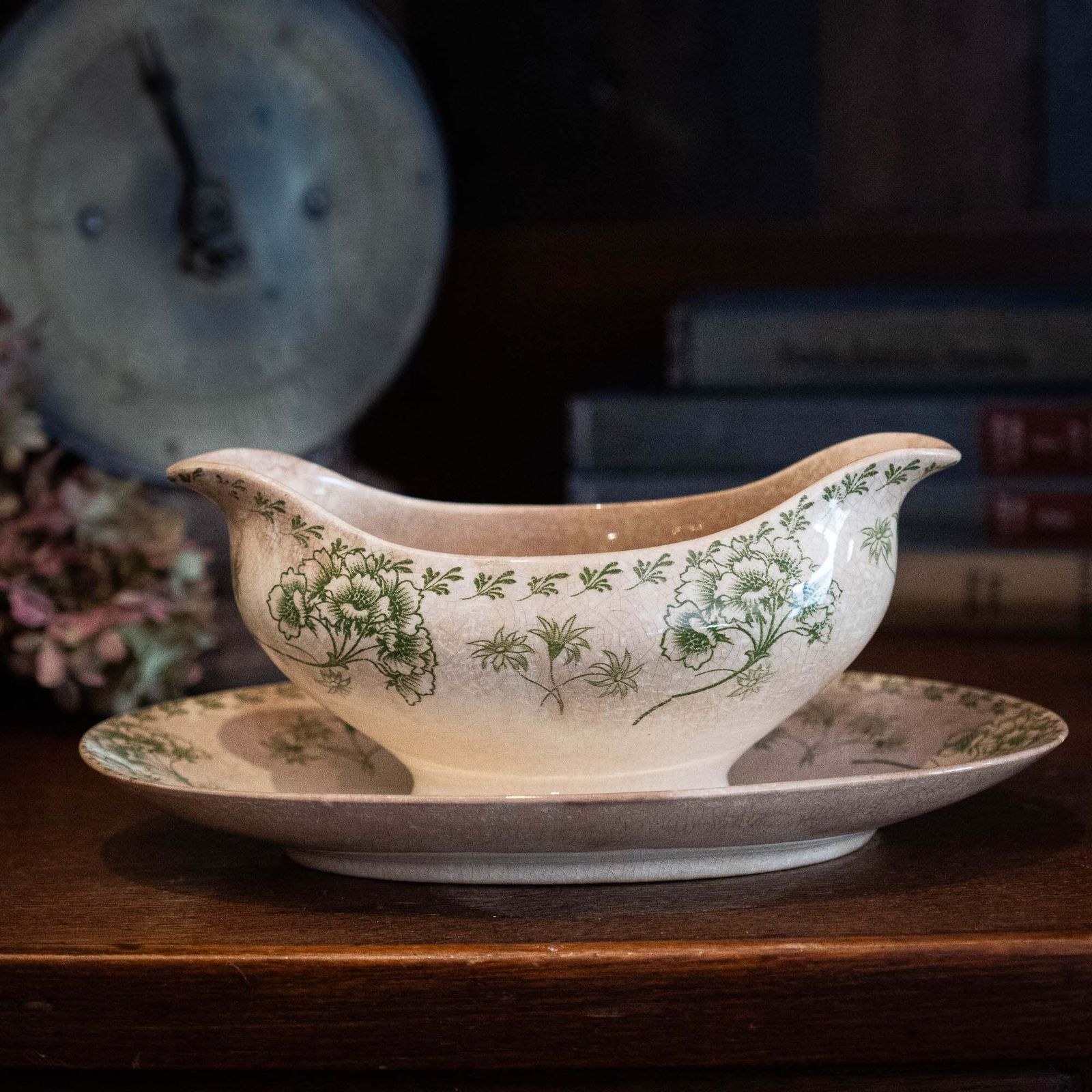 Antique Green Flowery Gravy Boat With Crazing   Sarreguemines   1900s photo furniture