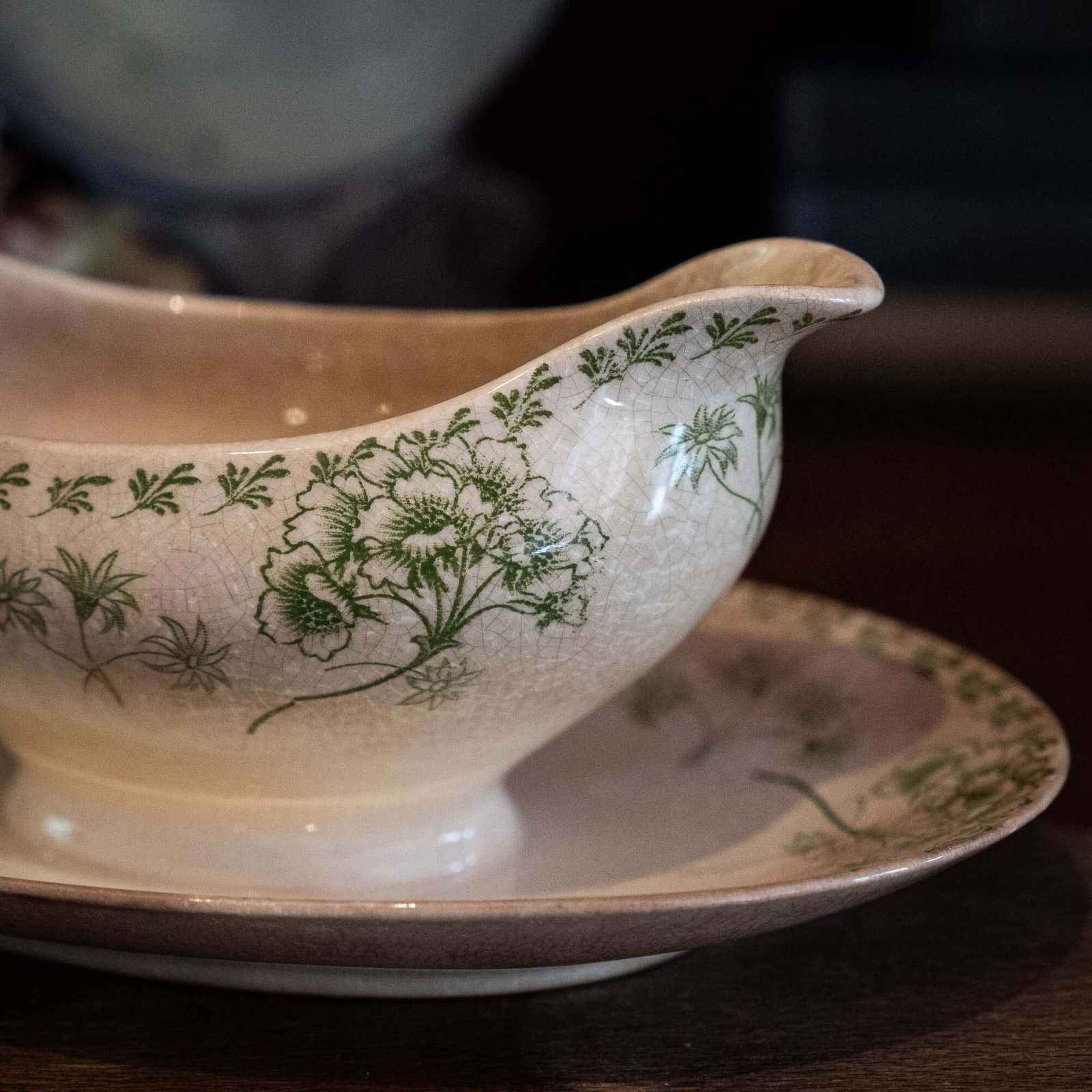 Antique Green Flowery Gravy Boat With Crazing   Sarreguemines   1900s photo for sale