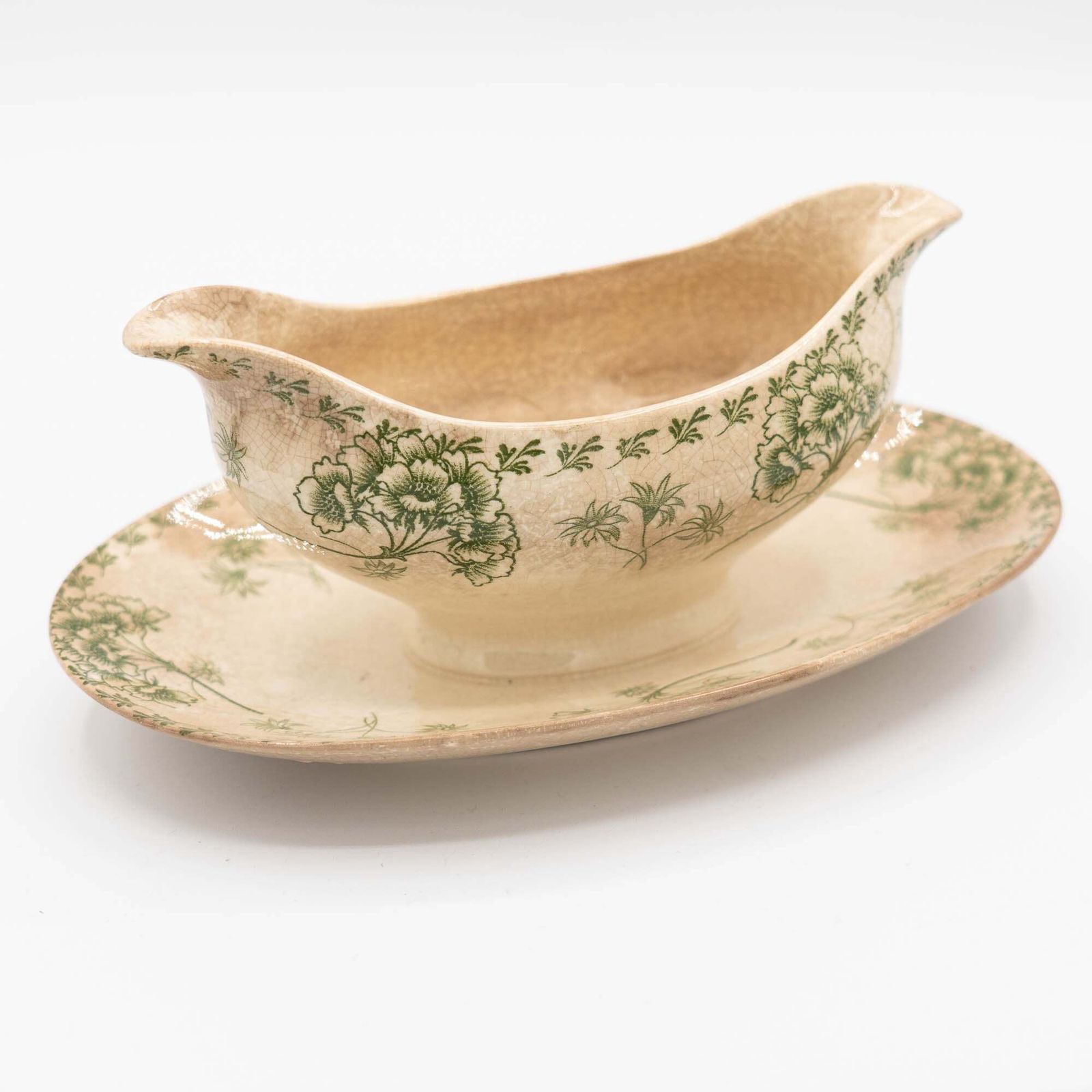 Antique Green Flowery Gravy Boat With Crazing   Sarreguemines   1900s photo buy