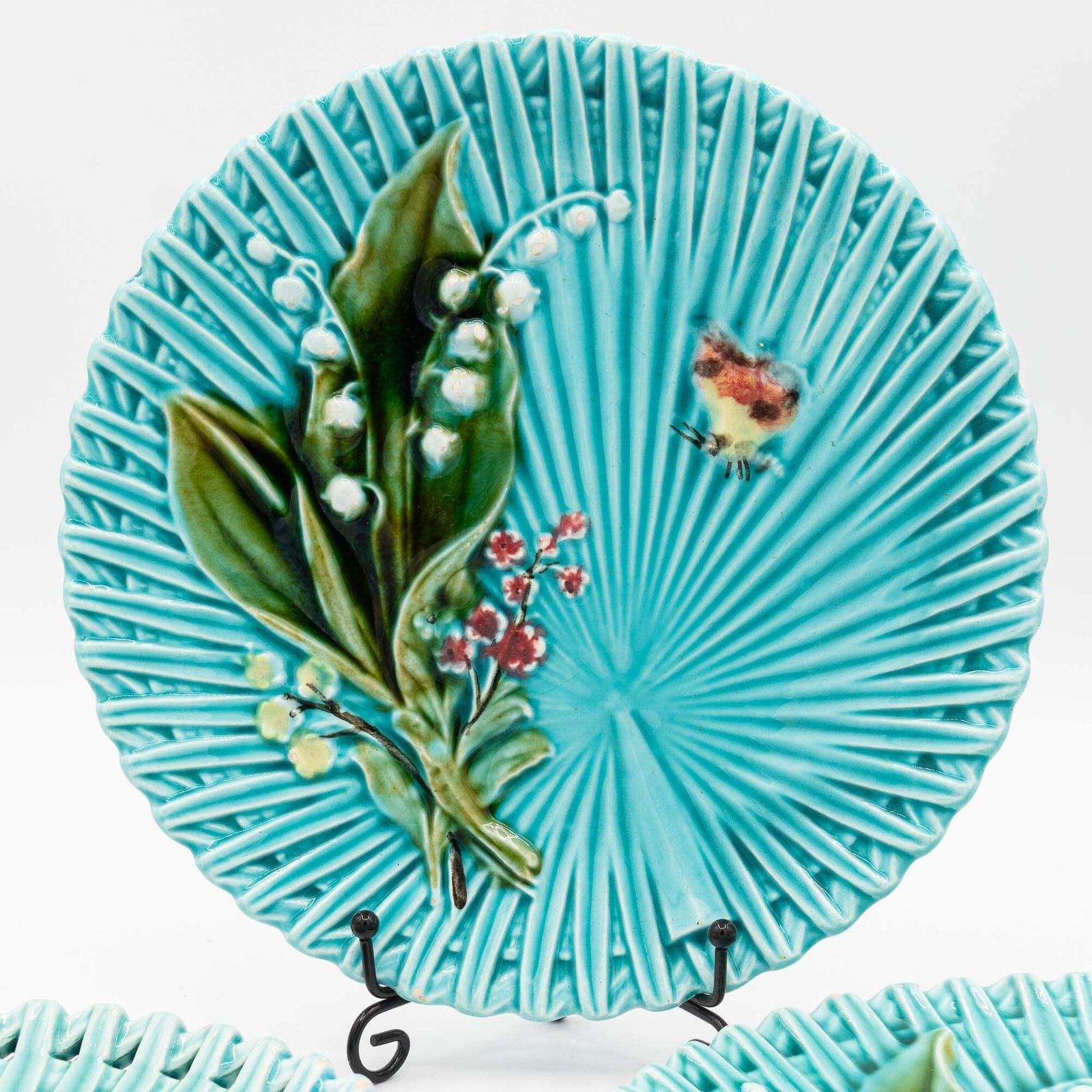 Antique Art Nouveau Light Green Majolica "Lilly Of The Valley" Plates   Smf Schramberg   Set Of 3   1920s photo for sale