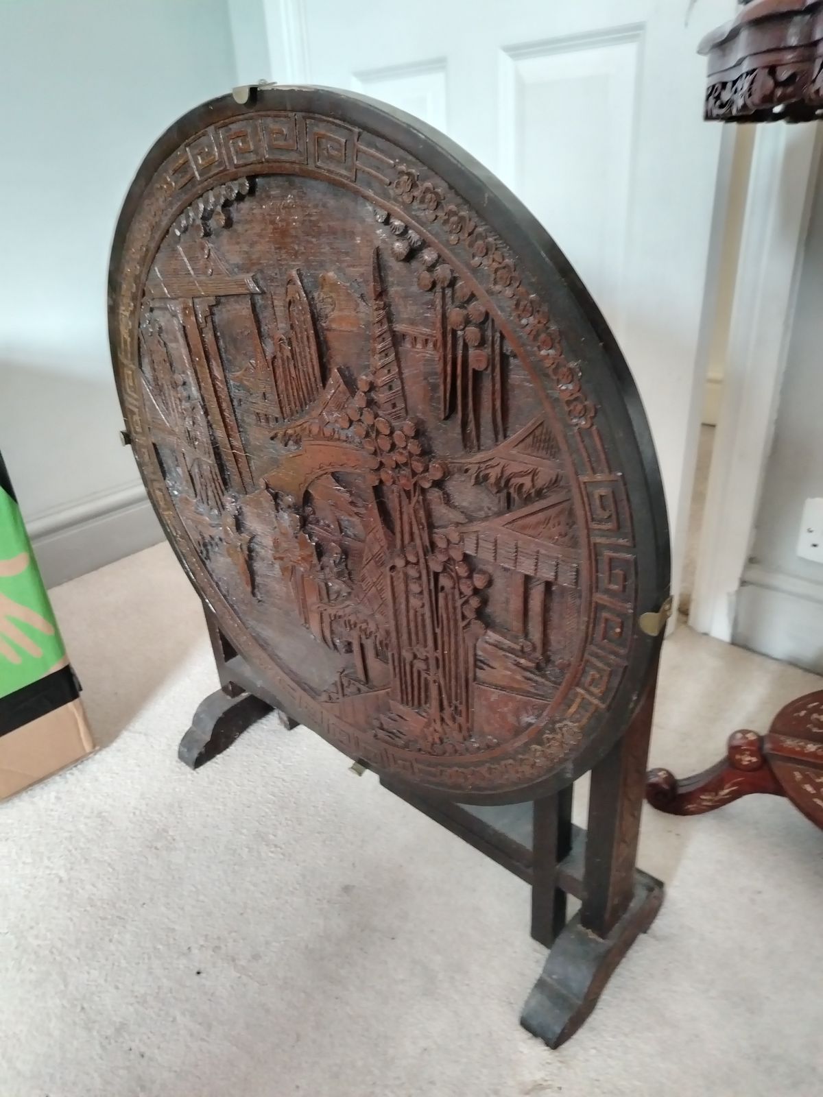 Lovely, Rare Chinese Circular Carved Hardwood Fire Screen & Coffee Table photo buy