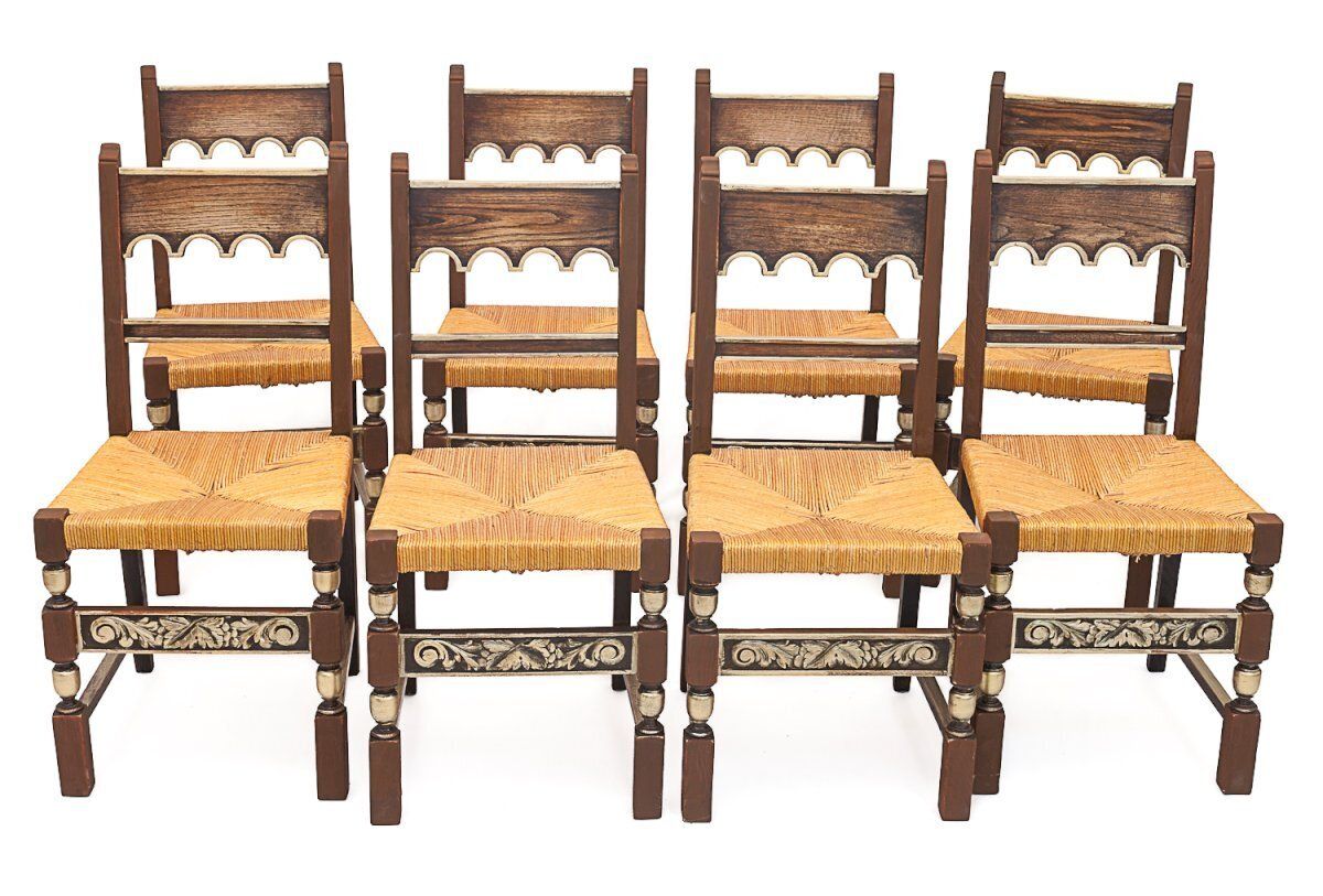 Set Of 8 Straw Chairs. Art Deco, 1940