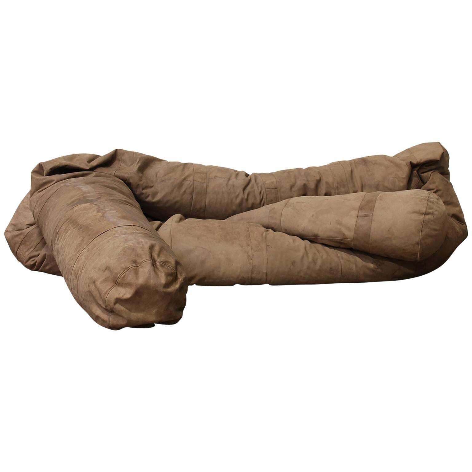 1960, Hans Roebers, Very Long Original Snake Couch In Old Brown Leather