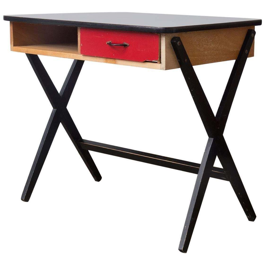 1954, Coen De Vries For Devo Wooden Writing Desk With Red Drawer And Formica Top