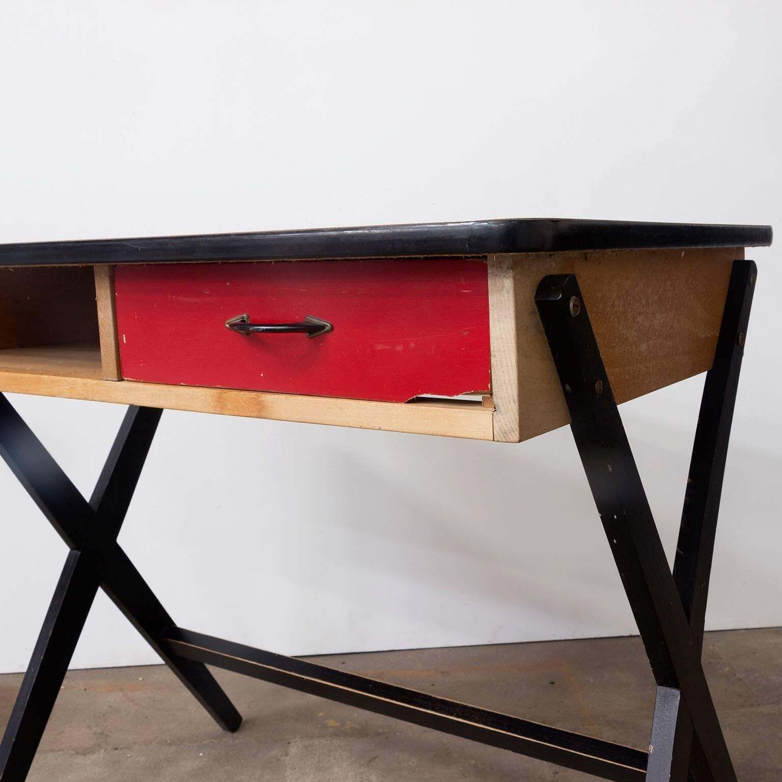 1954, Coen De Vries For Devo Wooden Writing Desk With Red Drawer And Formica Top photo buy