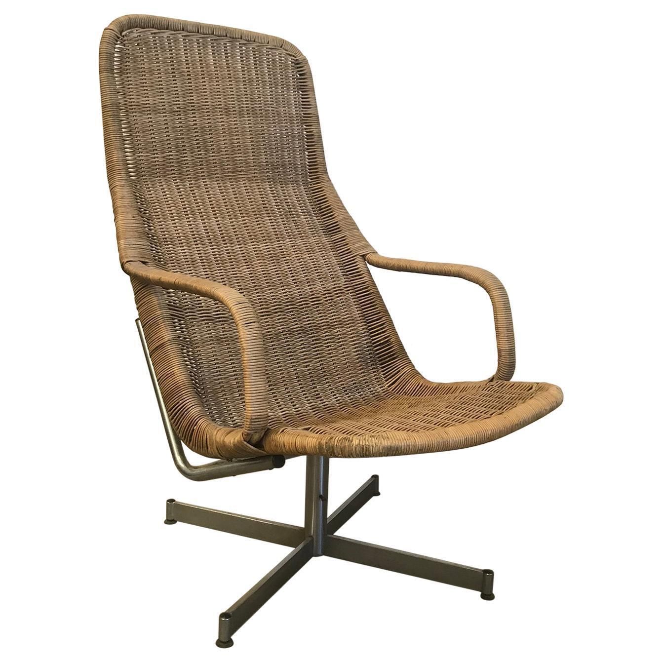 1961 Dirk Van Sliedregt, Rare 514 Original Wicker Lounge Chair With Chrome Base
