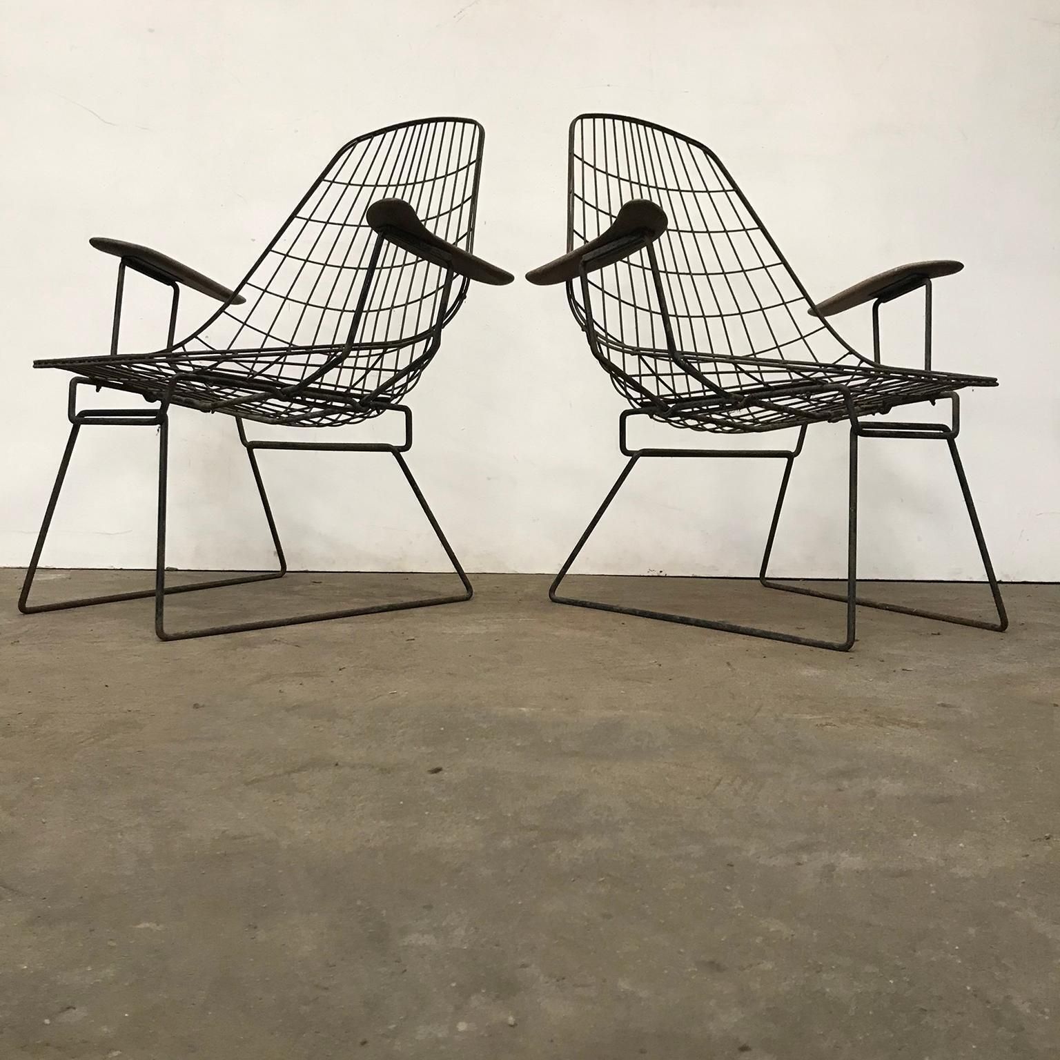 Set Of Two Rare Black Wire Easy Chairs With Wooden Armrests, Circa 1960 photo for sale