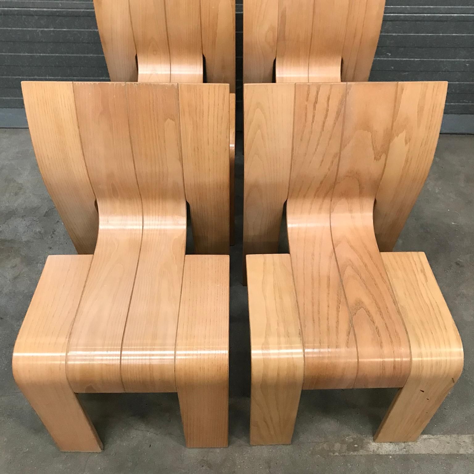 Furniture 1974, Gijs Bakker For Castelijn, Set Of Stackable Bended Wood Strip Chairs photo