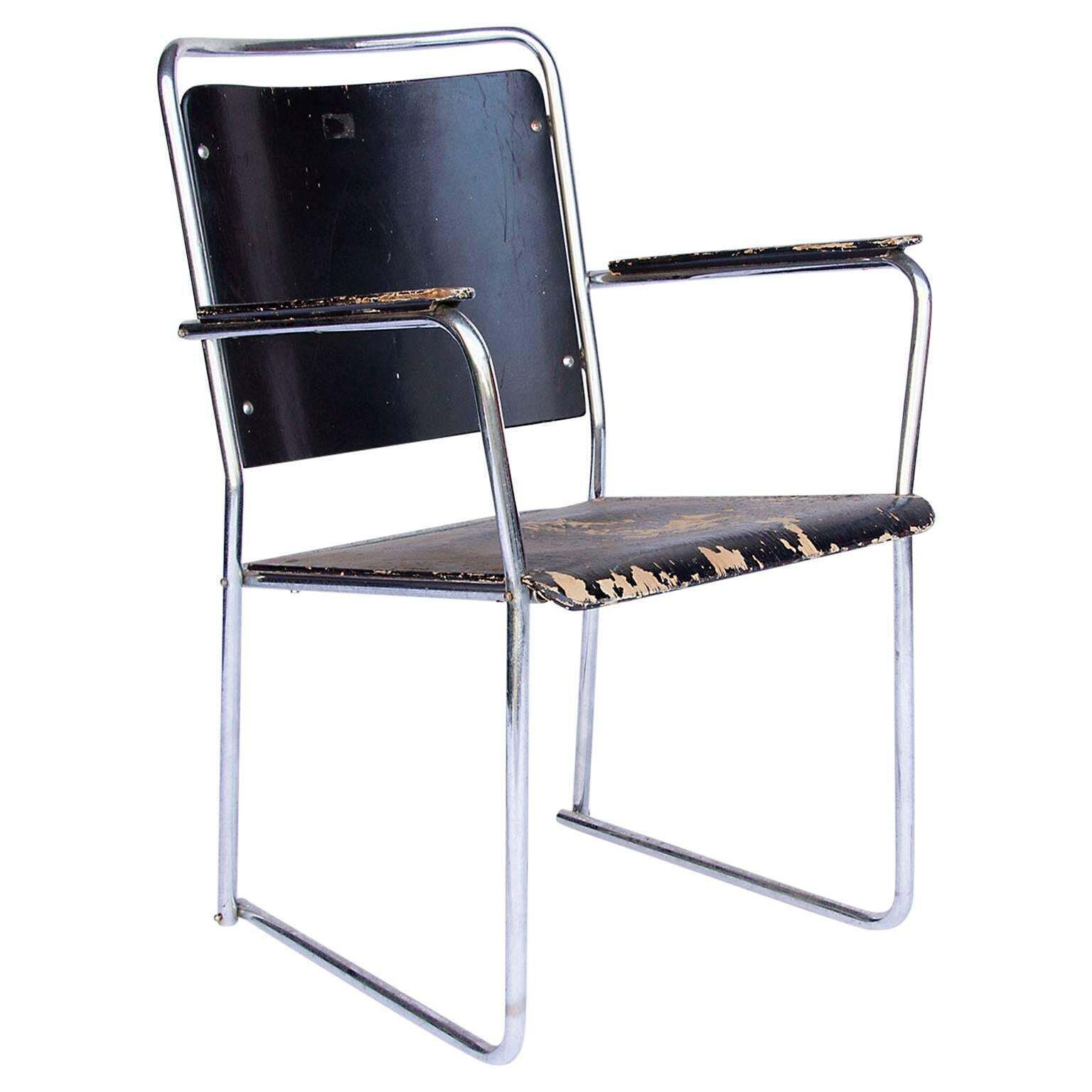 Rare Large Side Or Easy Tubular Chair With Original Painted Wood, Circa 1930