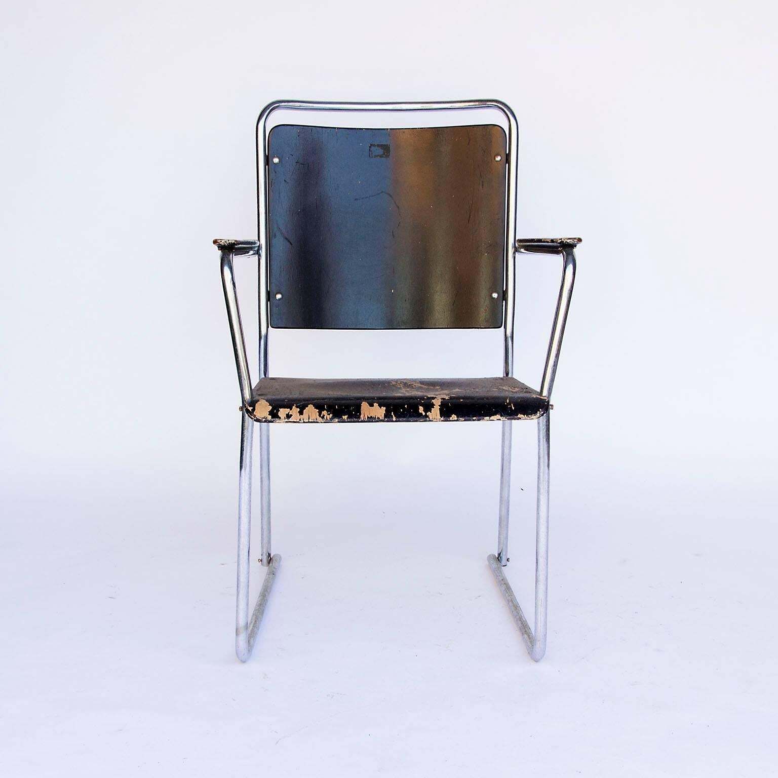 Rare Large Side Or Easy Tubular Chair With Original Painted Wood, Circa 1930 photo for sale