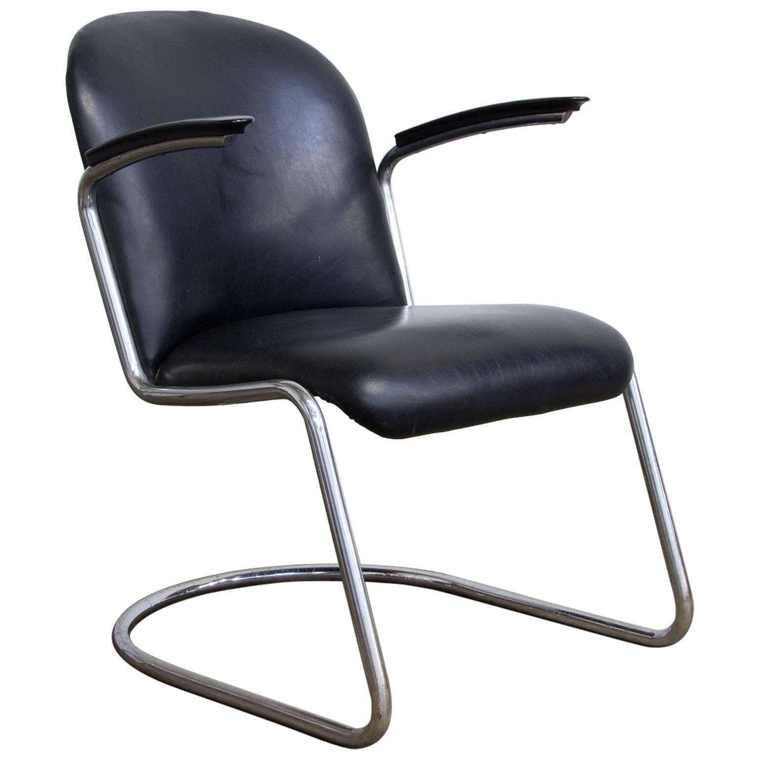 1935, W.H. Gispen, By Gispen Culemborg, 413 Easy Chair In Original Black Vinyl