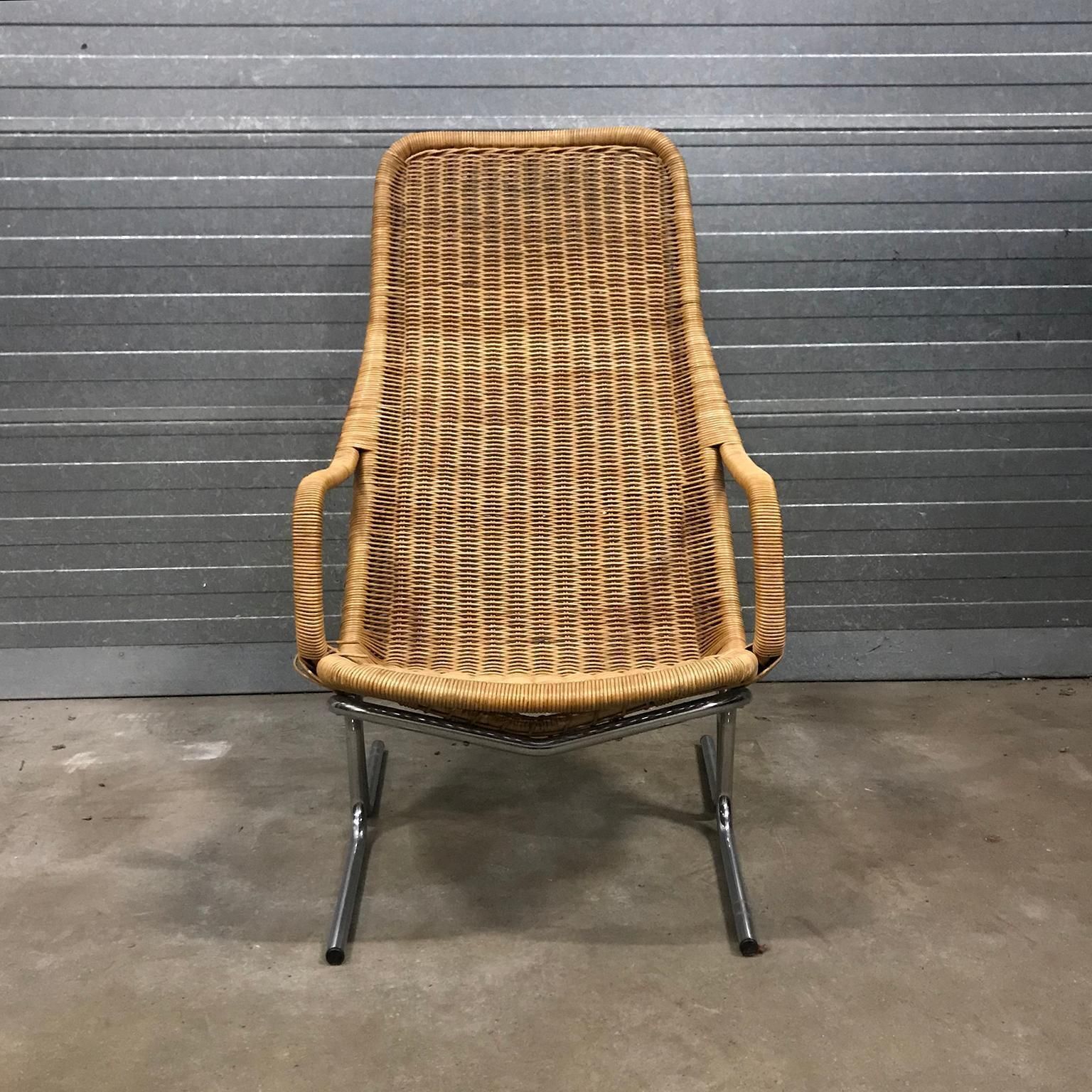 1961 Dirk Van Sliedregt, Rare 514 Original Wicker Lounge Chair With Chrome Base photo vintage
