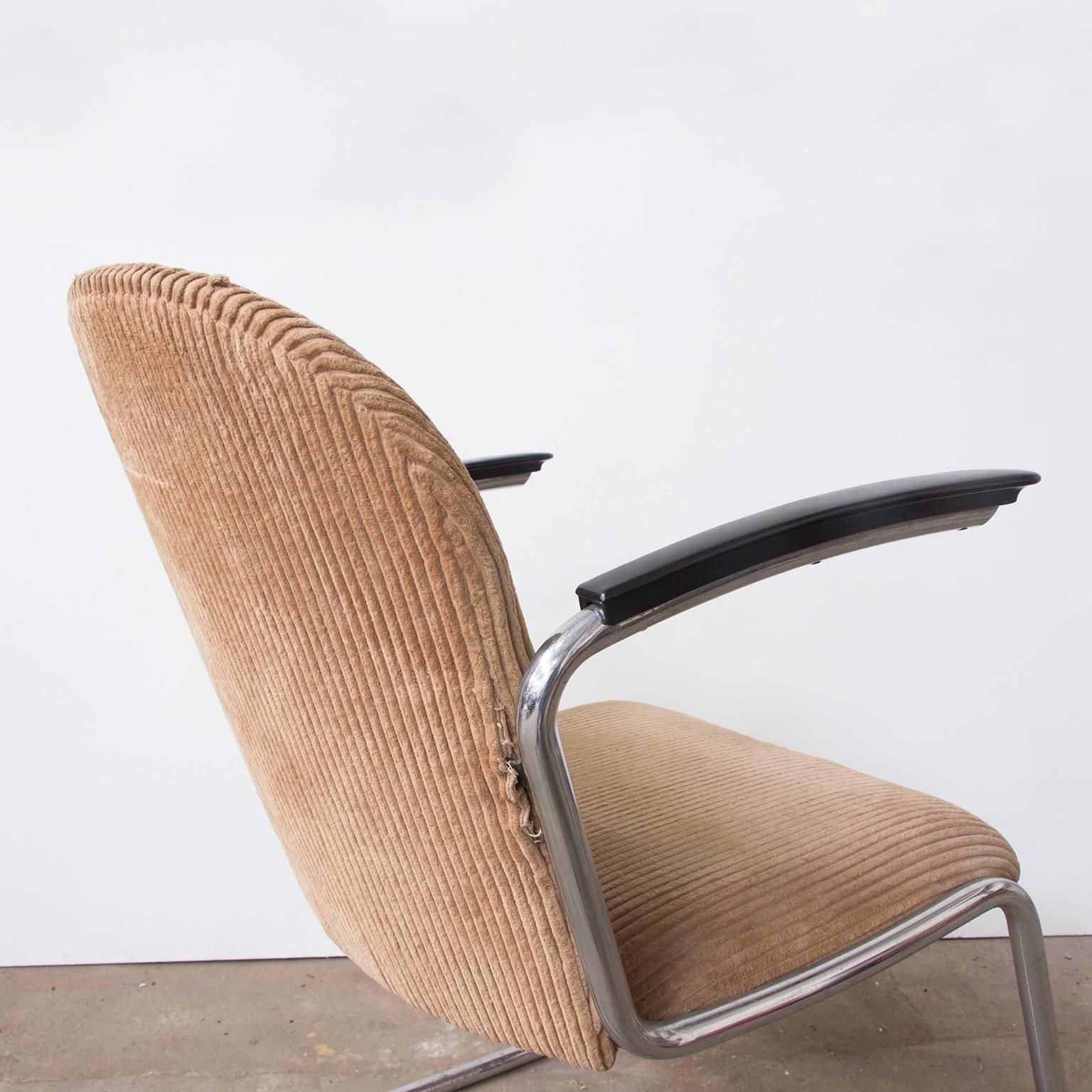 1935, W.H. Gispen By Gispen Culemborg 413 Easy Chair In Original Corduroi Fabric photo vintage