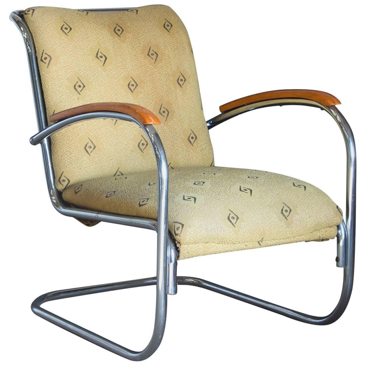 Original, Early Vintage Tubular Easy Chair With Original Fabric, Circa 1930