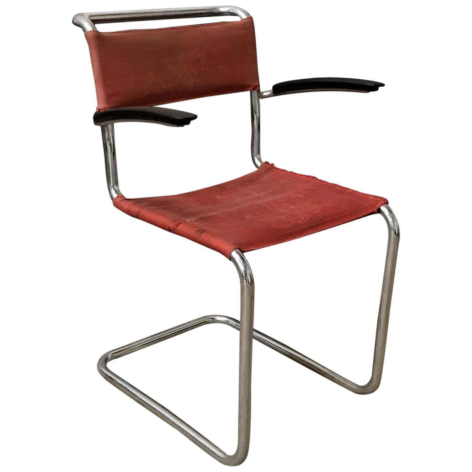 1930, W.H. Gispen, For Gispen Culemborg, Dining Chair No. 204 In Red Canvas