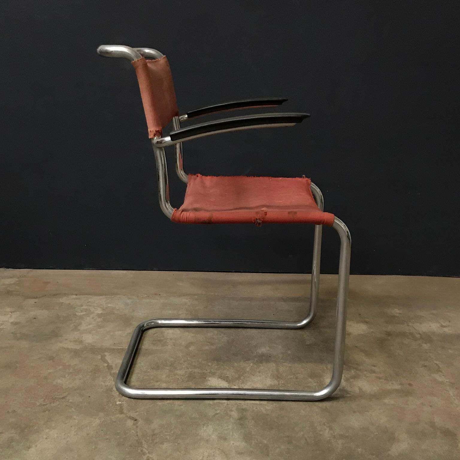 1930, W.H. Gispen, For Gispen Culemborg, Dining Chair No. 204 In Red Canvas photo for sale