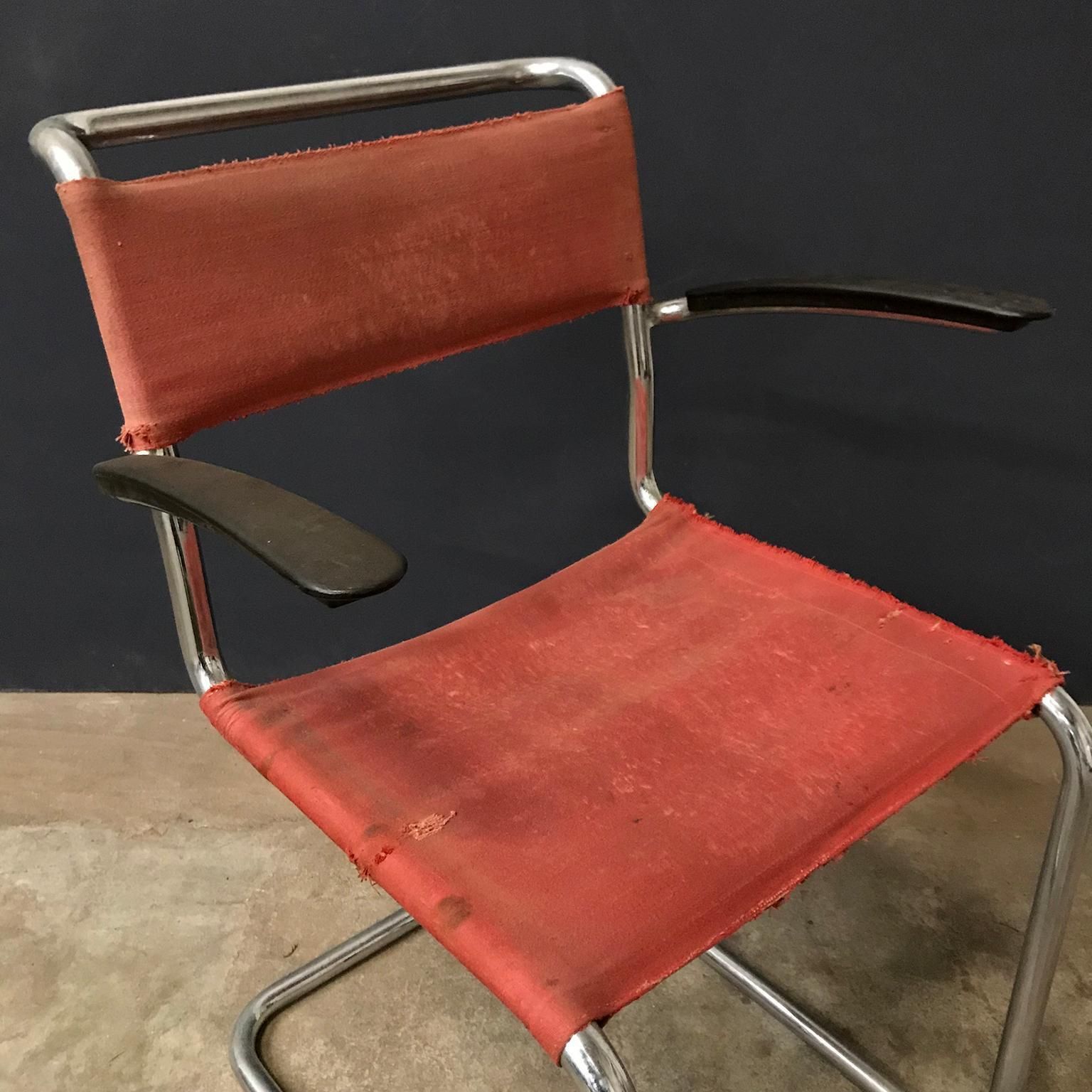 1930, W.H. Gispen, For Gispen Culemborg, Dining Chair No. 204 In Red Canvas photo buy
