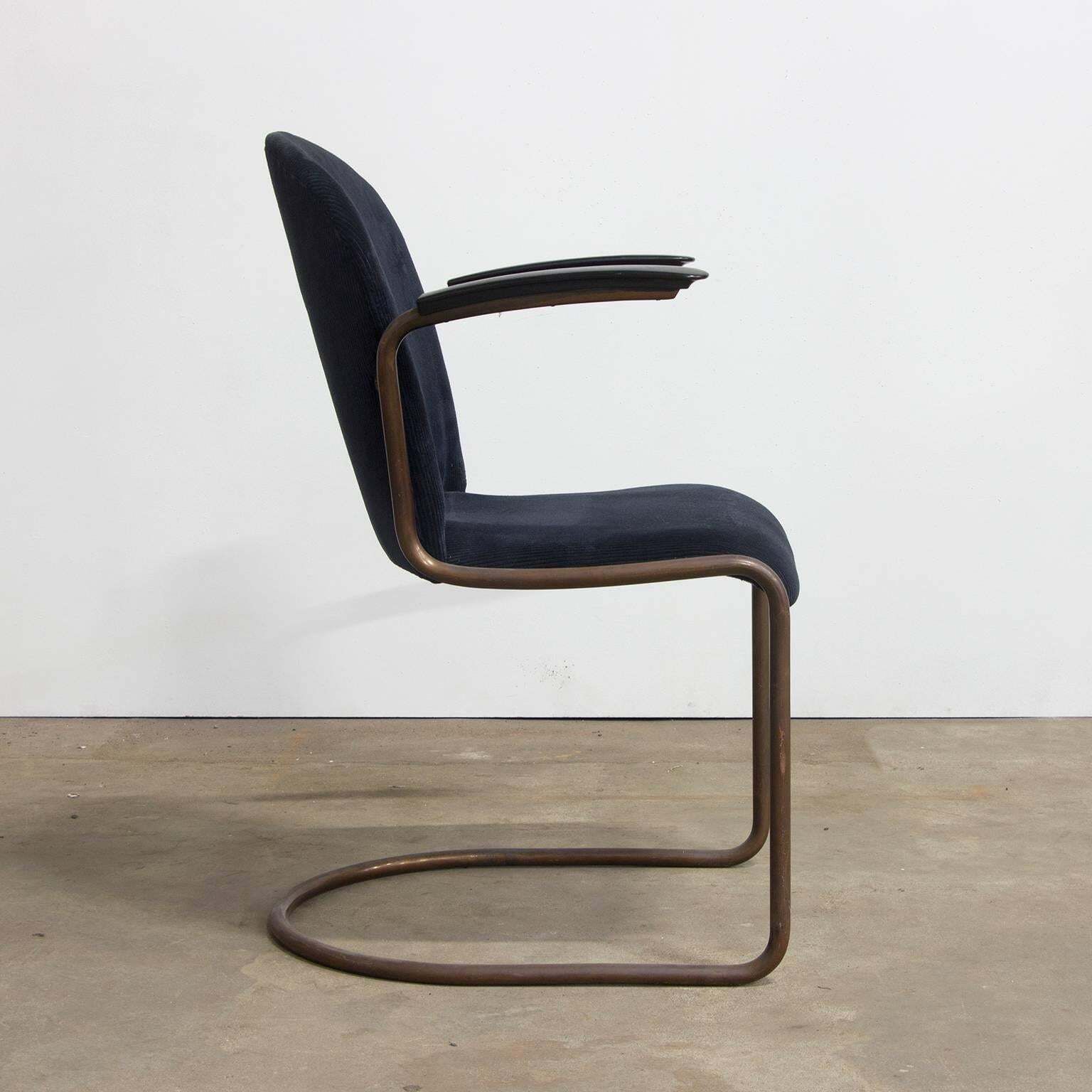 1935, W.H. Gispen For Gispen, Copper, 413r Side Chair In Blue Corduroi Fabric photo furniture