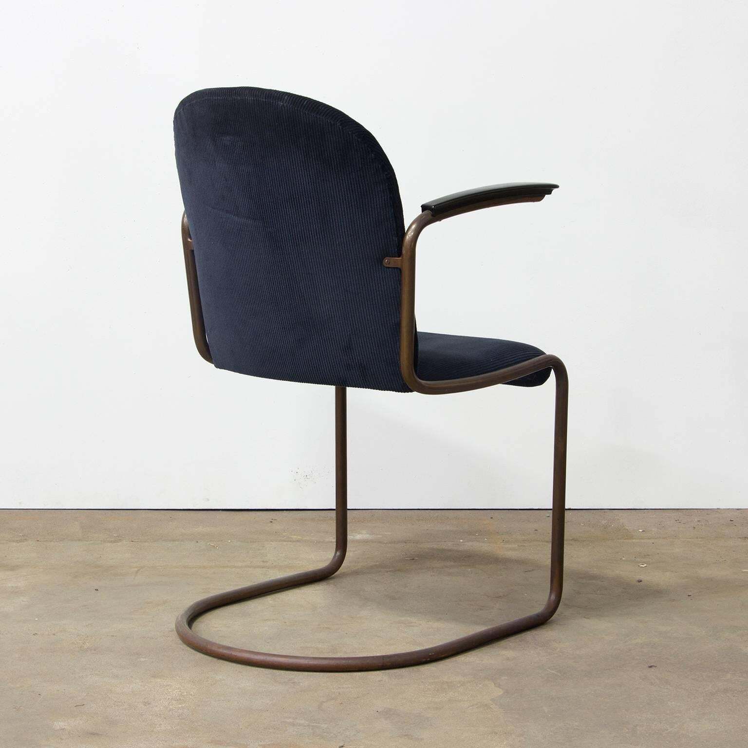 1935, W.H. Gispen For Gispen, Copper, 413r Side Chair In Blue Corduroi Fabric photo for sale