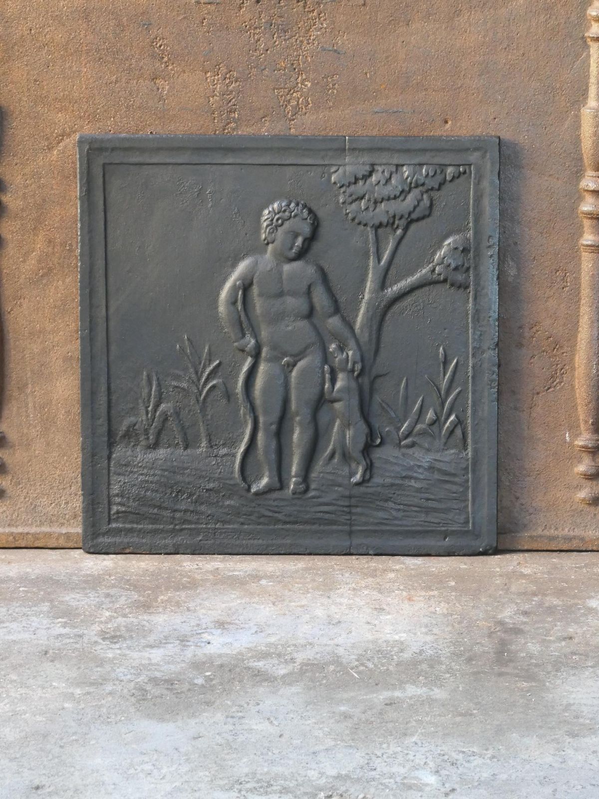 French Napoleon III Style 'Boy With Dog' Fireback / Backsplash photo for sale