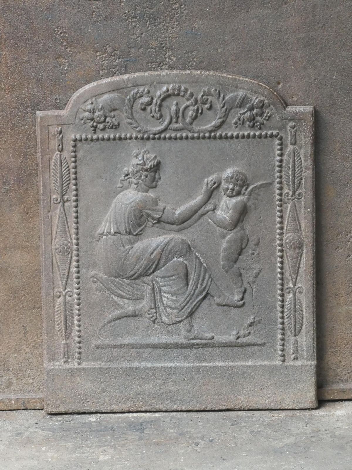 Small French Neoclassical Period 'Woman With Cupid' Fireback / Backsplash photo for sale