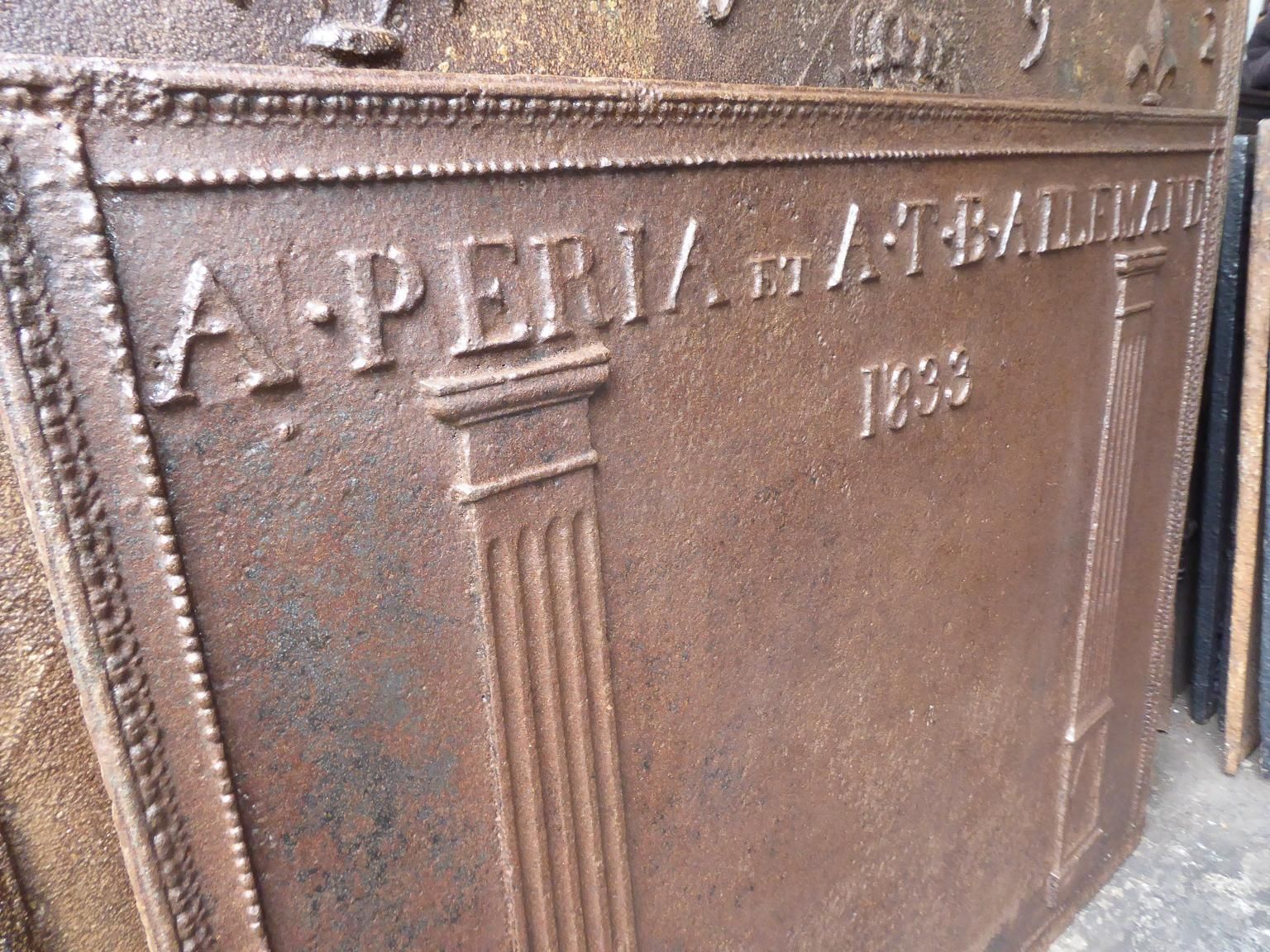 photo for sale Neoclassical French Fireback / Backsplash With Pillars Of Freedom, Dated 1833