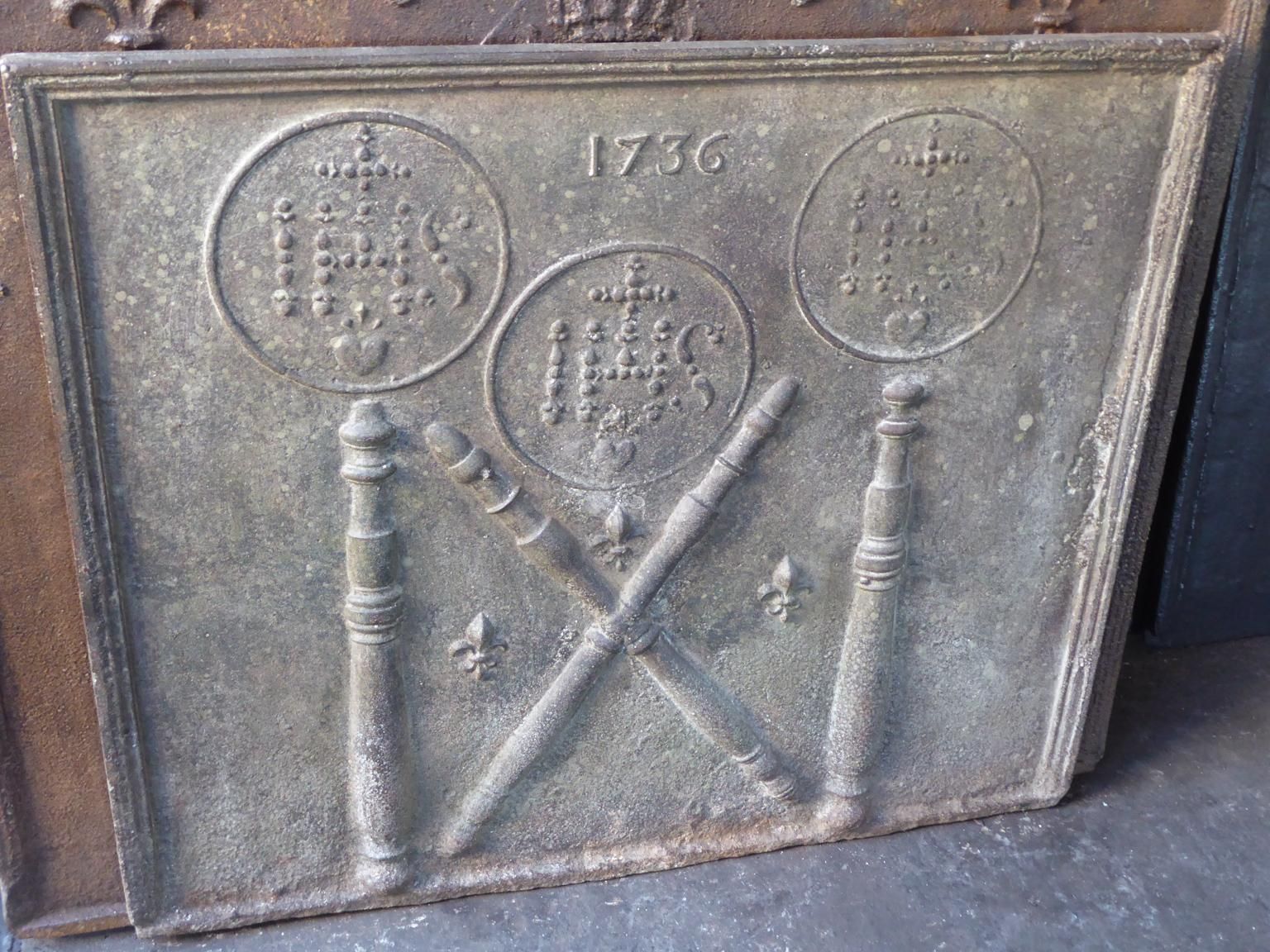 18th Century French Fireback / Backsplash Pillars With Medieval Ihs Monograms photo for sale