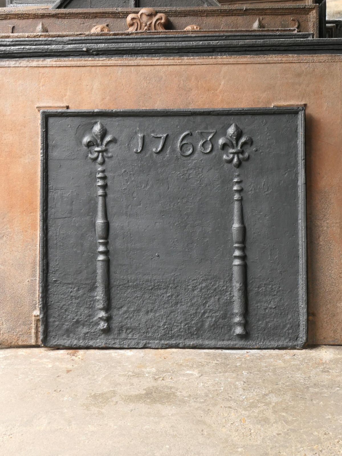 18th C. French Louis XV Fireback / Backsplash With Pillars And Fleurs De Lys photo furniture