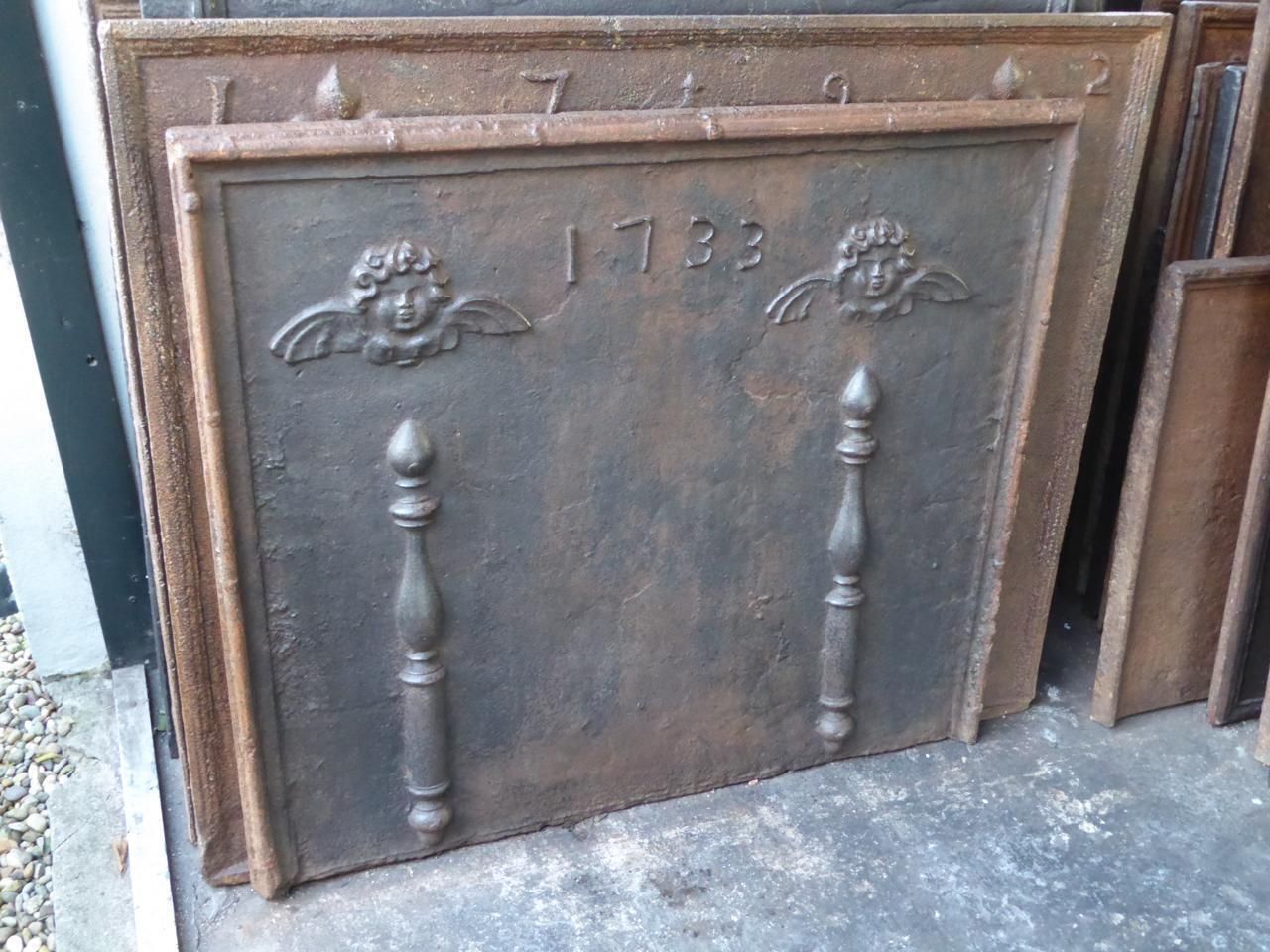 Large Fireback / Backsplash With Pillars Of Hercules With Angels, Dated 1733 photo furniture