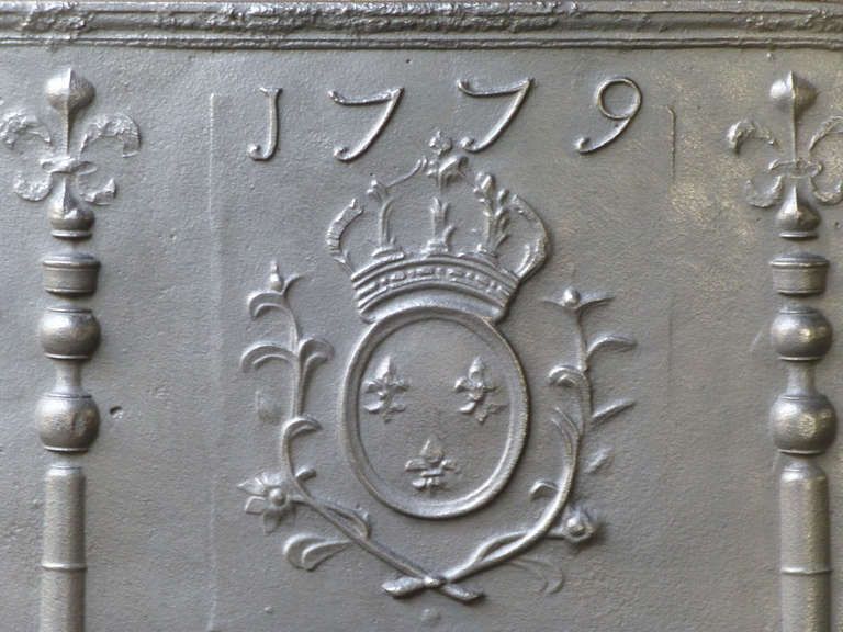 Large Fireback / Backsplash With Arms Of France With Pillars, Dated 1779 photo for sale
