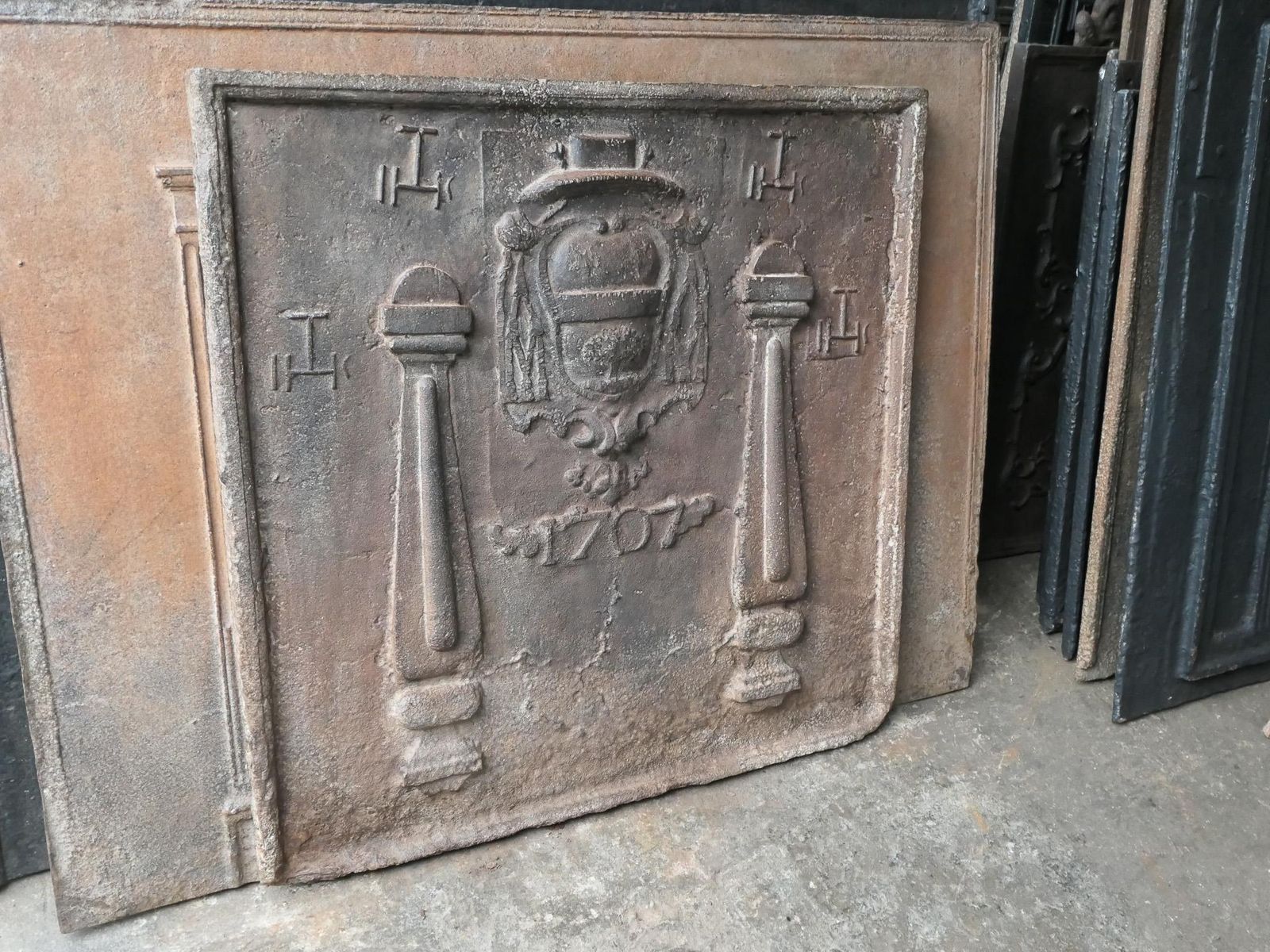 18th Century French 'Pillars With Ihs Monograms' Fireback / Backsplash photo vintage