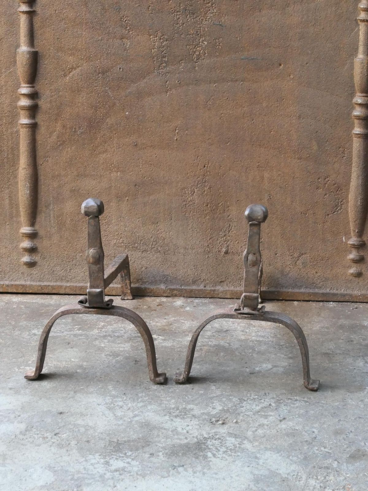 18th C. French Louis XV Wrought Iron Andirons photo for sale