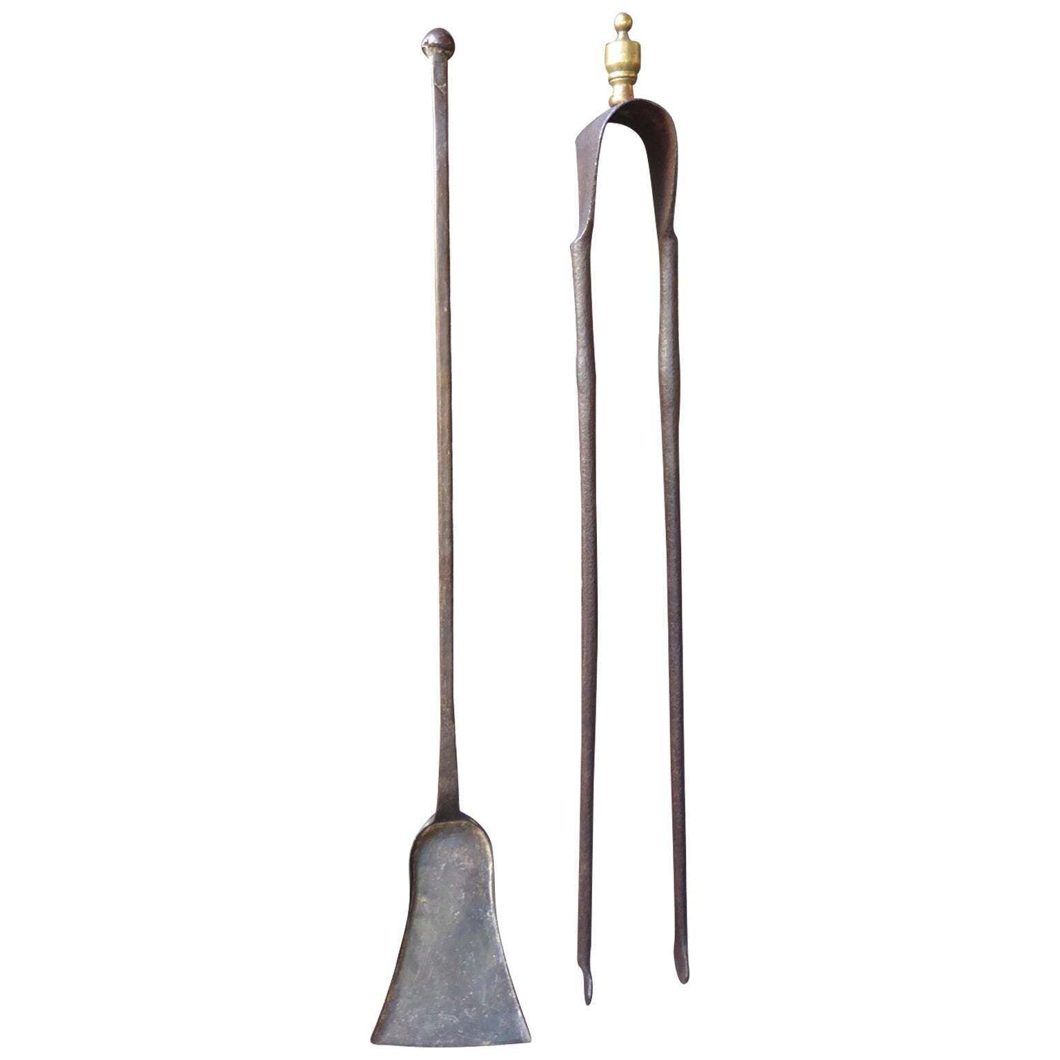 Large French Wrought Iron Fireplace Tools Or Fire Tools, 18th Century