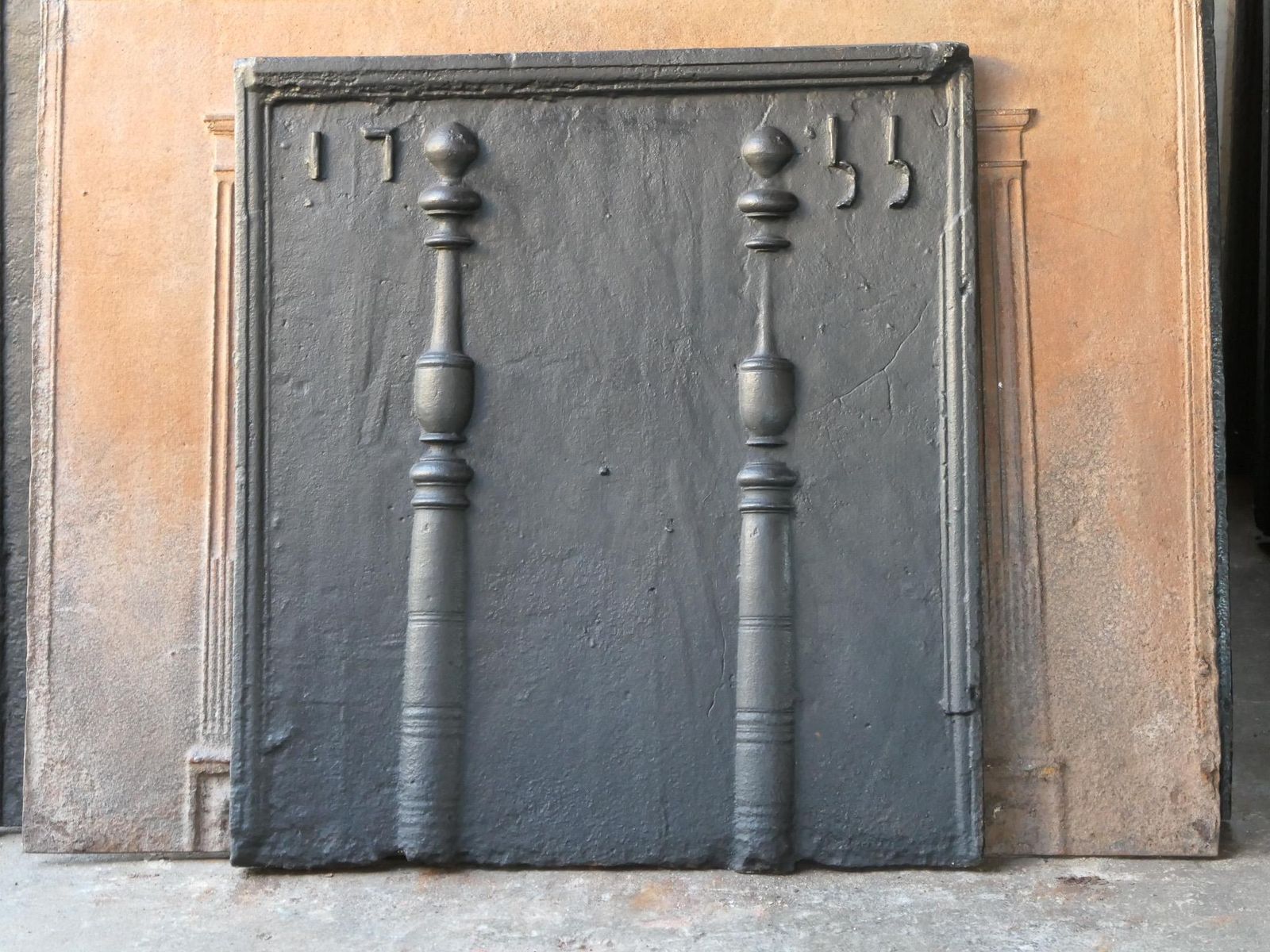 18th Century French Fireback / Backsplash With Pillars Of Hercules, Dated 1755 photo for sale