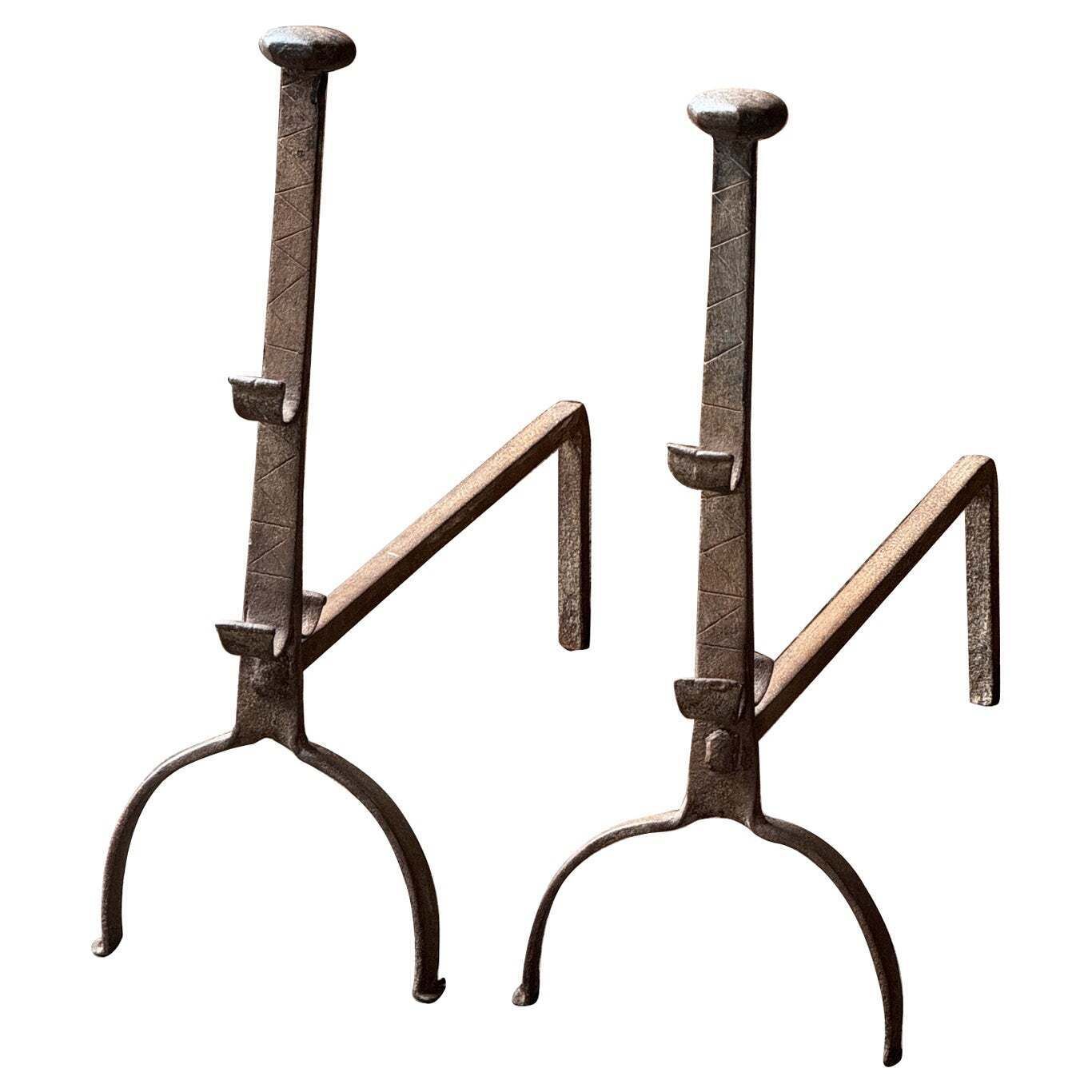 French Gothic Andirons Or Firedogs, Gothic Period, 17th Century
