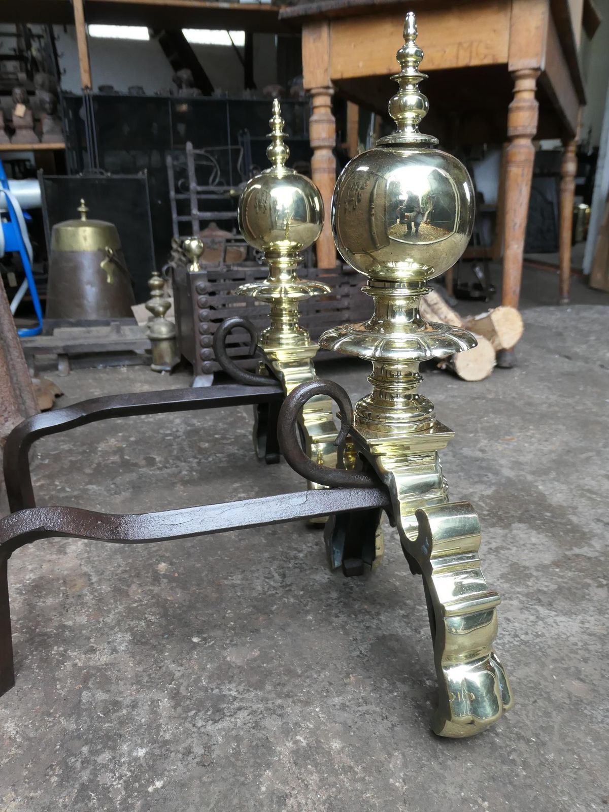 Home Fixtures 19th Century French Louis XIV Style Polished Brass Andirons Or Firedogs photo