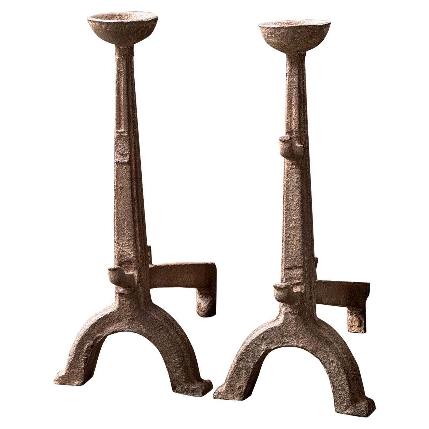 17th Century French Gothic Period Andirons Or Firedogs