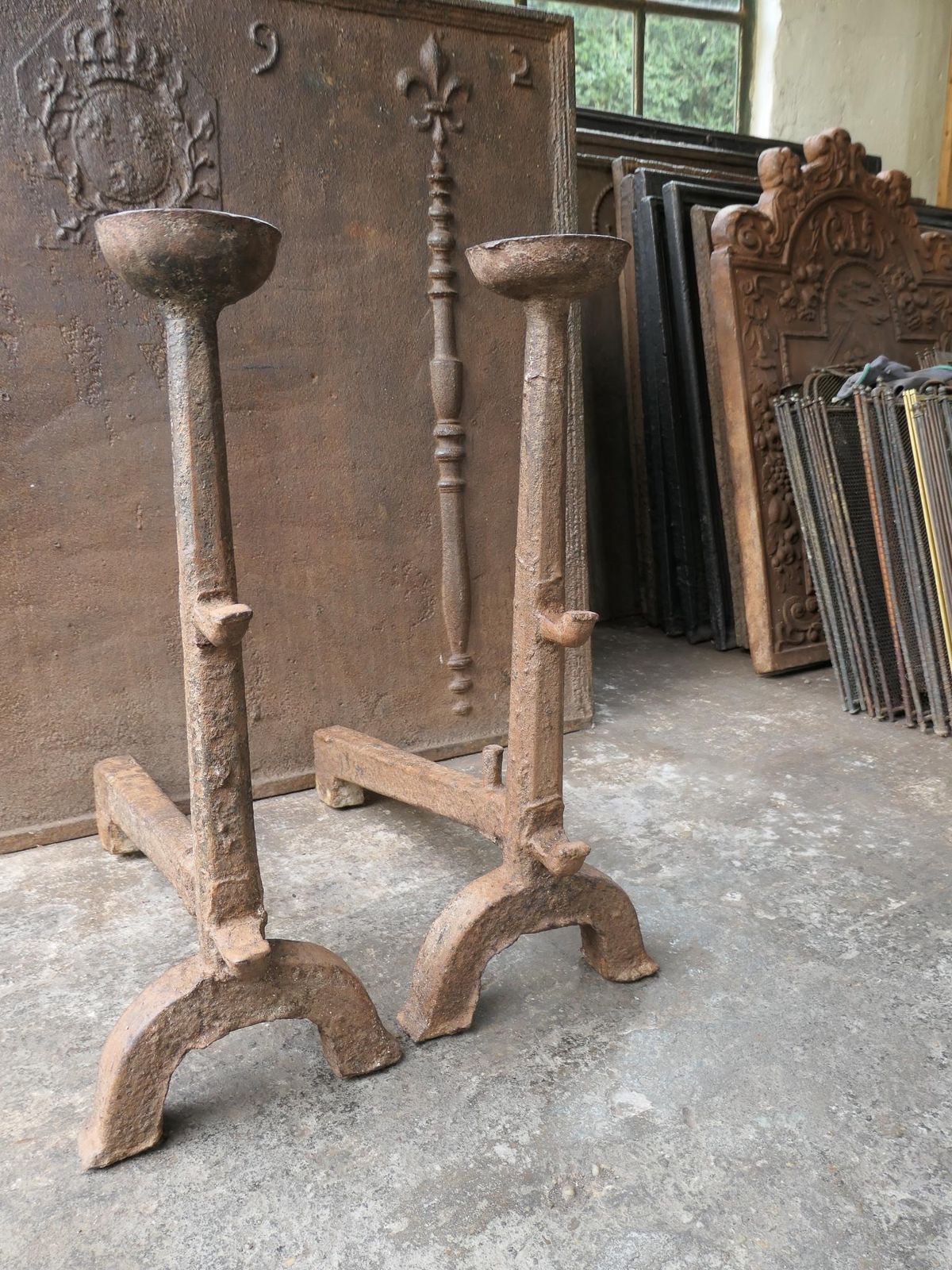 Large Antique Gothic Andirons Or Firedogs, 17th Century photo vintage