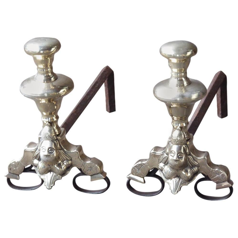 French Bronze Louis XIV Andirons, 17th Century, With Marmosets