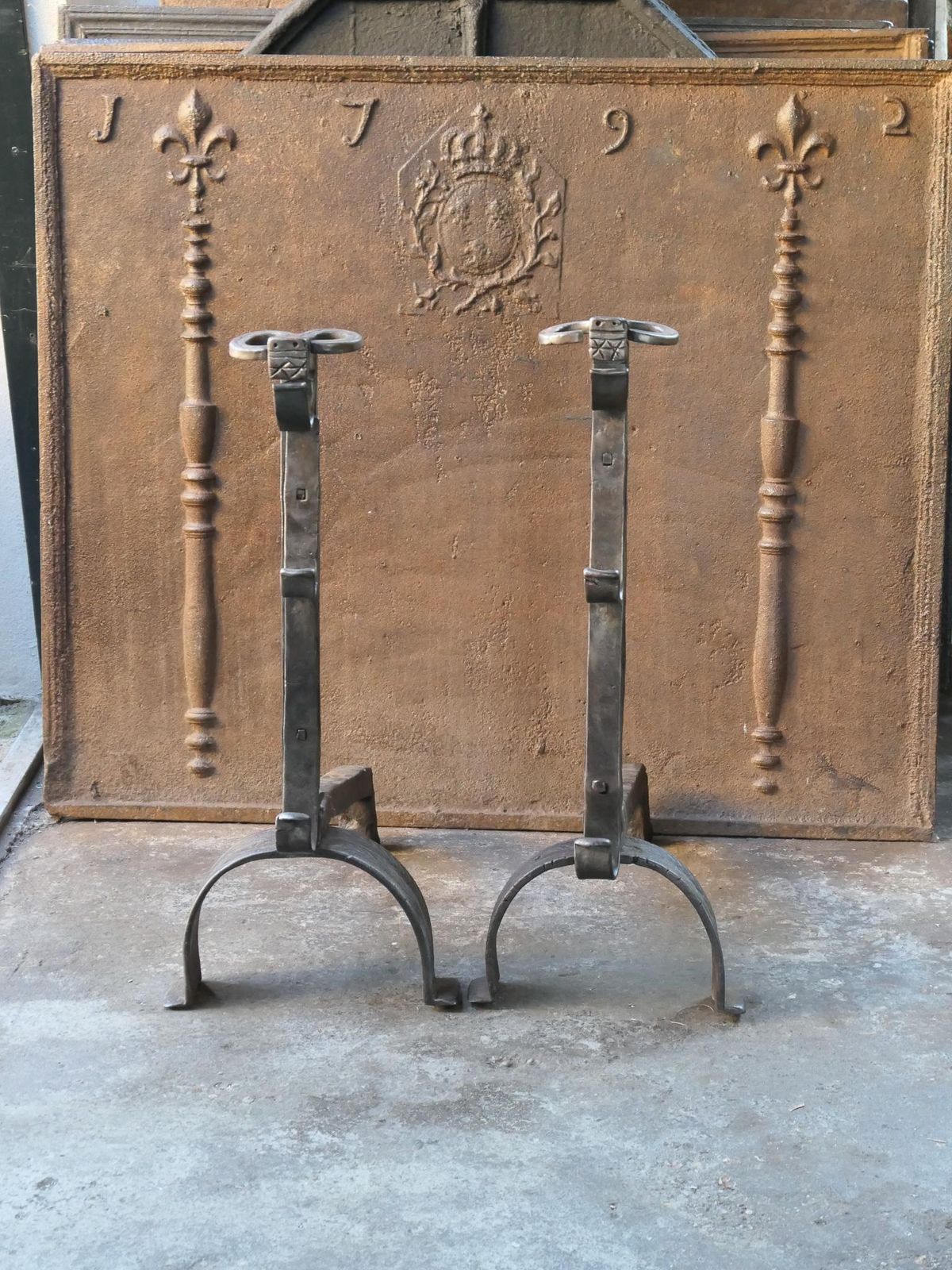 Large French Gothic 'Bull's Head' Andirons Or Firedogs, 17th Century photo for sale