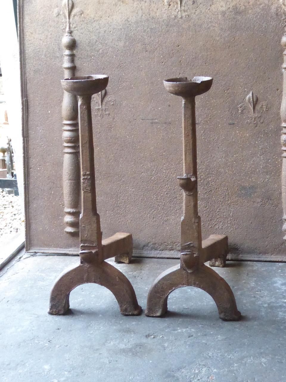 Large, Heavy French Gothic Andirons Or Firedogs, 17th Century photo for sale