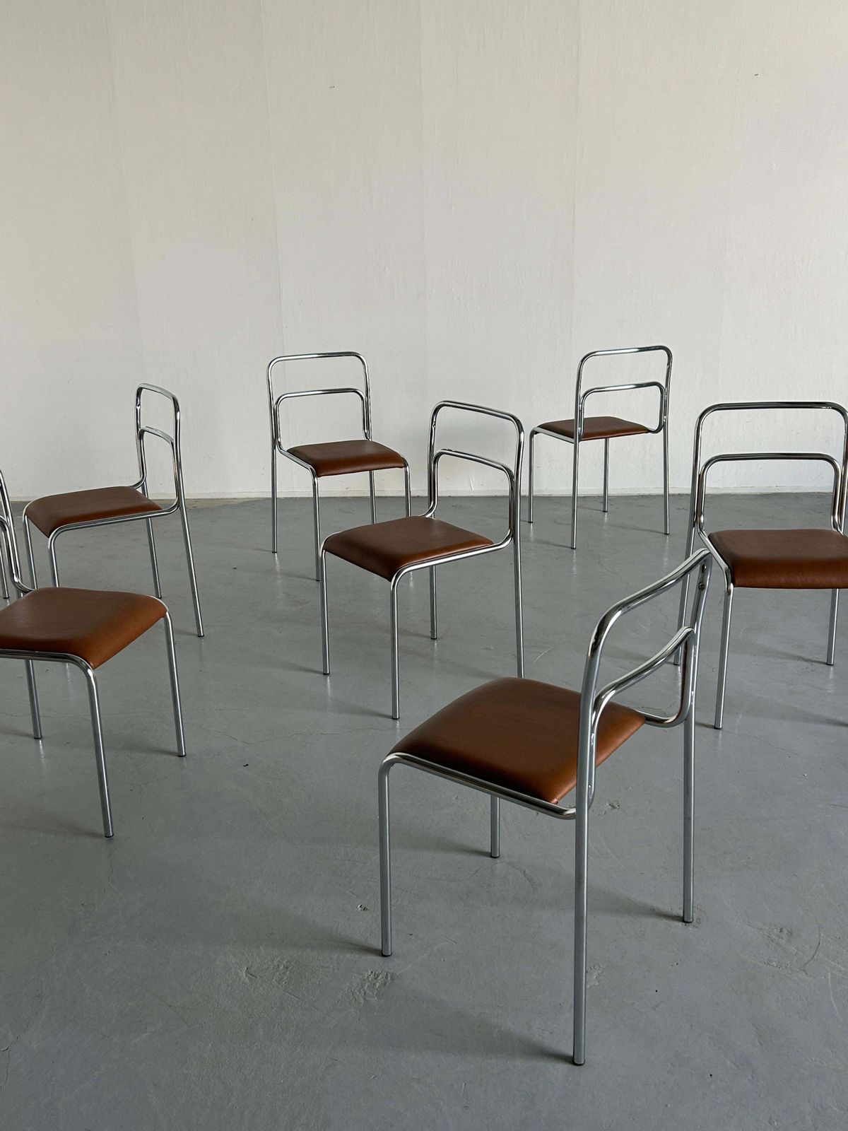 Bauhaus Design Chrome Tubular Steel And Brown Faux Leather Dining Chairs, 1980s photo for sale