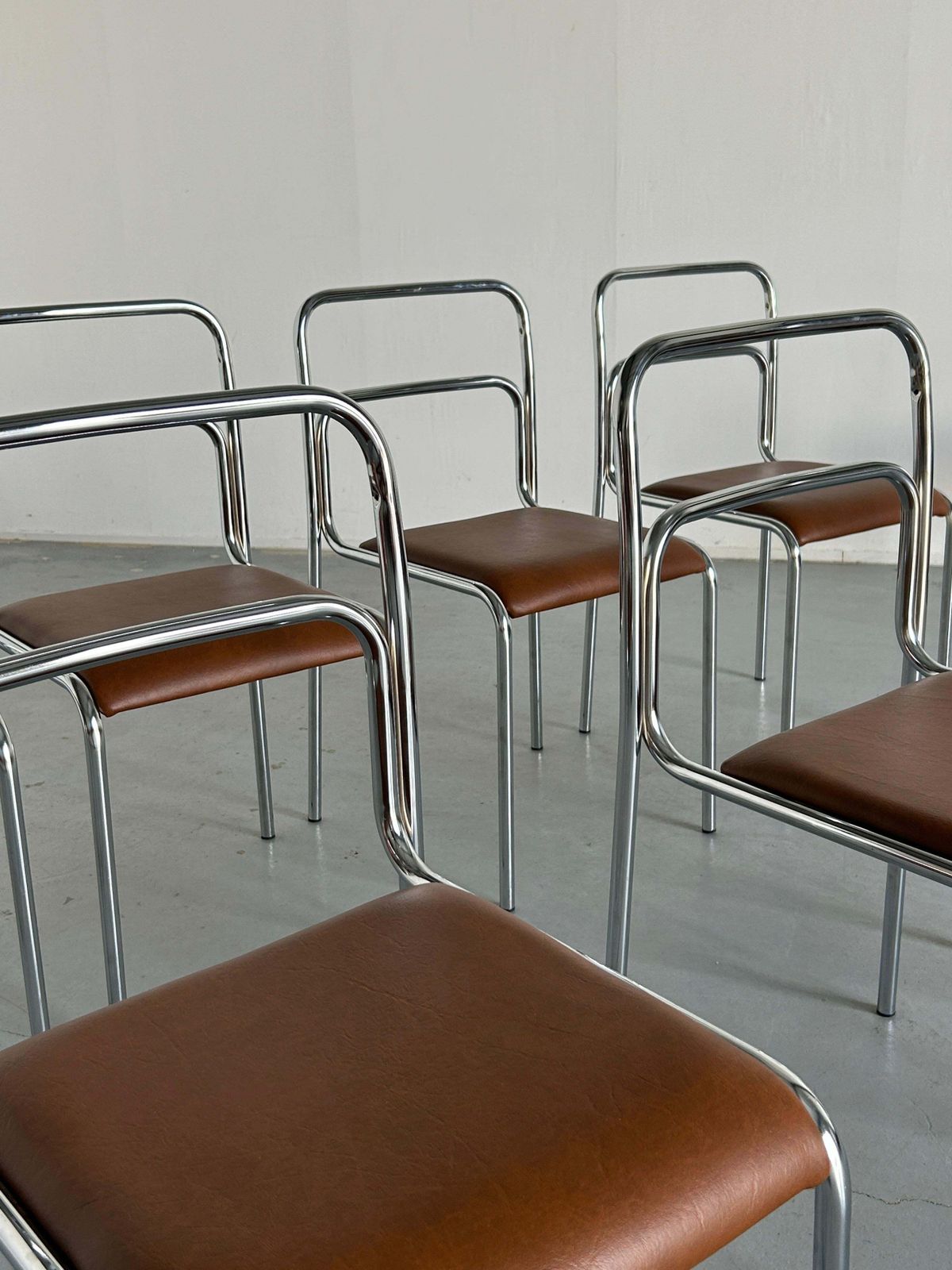 Bauhaus Design Chrome Tubular Steel And Brown Faux Leather Dining Chairs, 1980s photo vintage