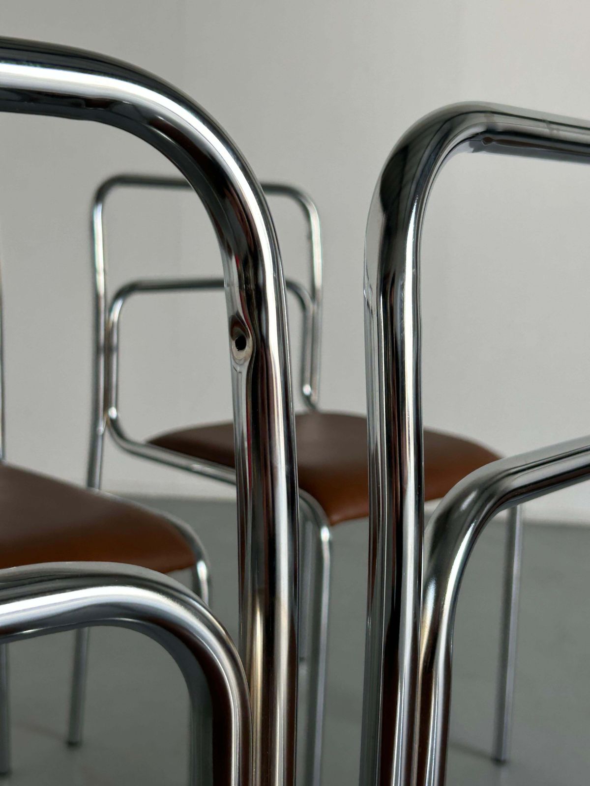 photo for sale Bauhaus Design Chrome Tubular Steel And Brown Faux Leather Dining Chairs, 1980s