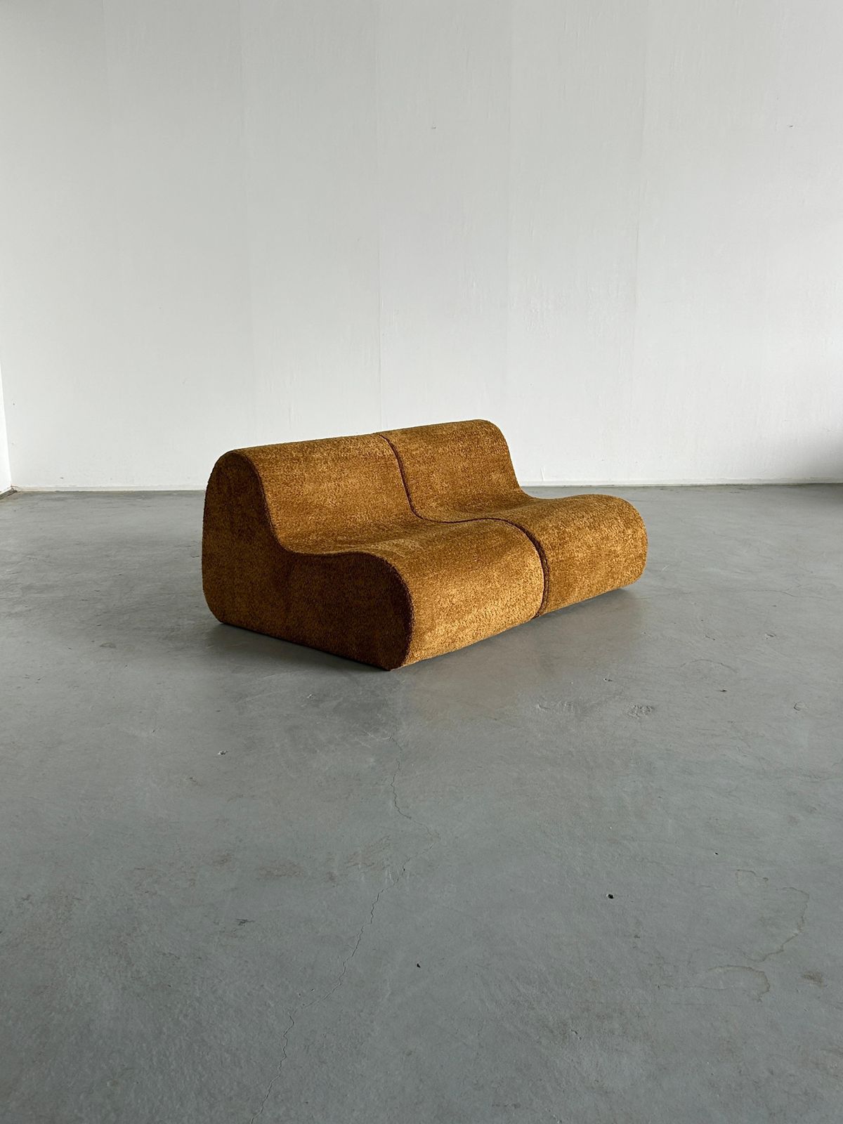 Pair Of Italian Mid Century Modern Lounge Chairs In Ochre Boucle, 1970s Italy photo furniture